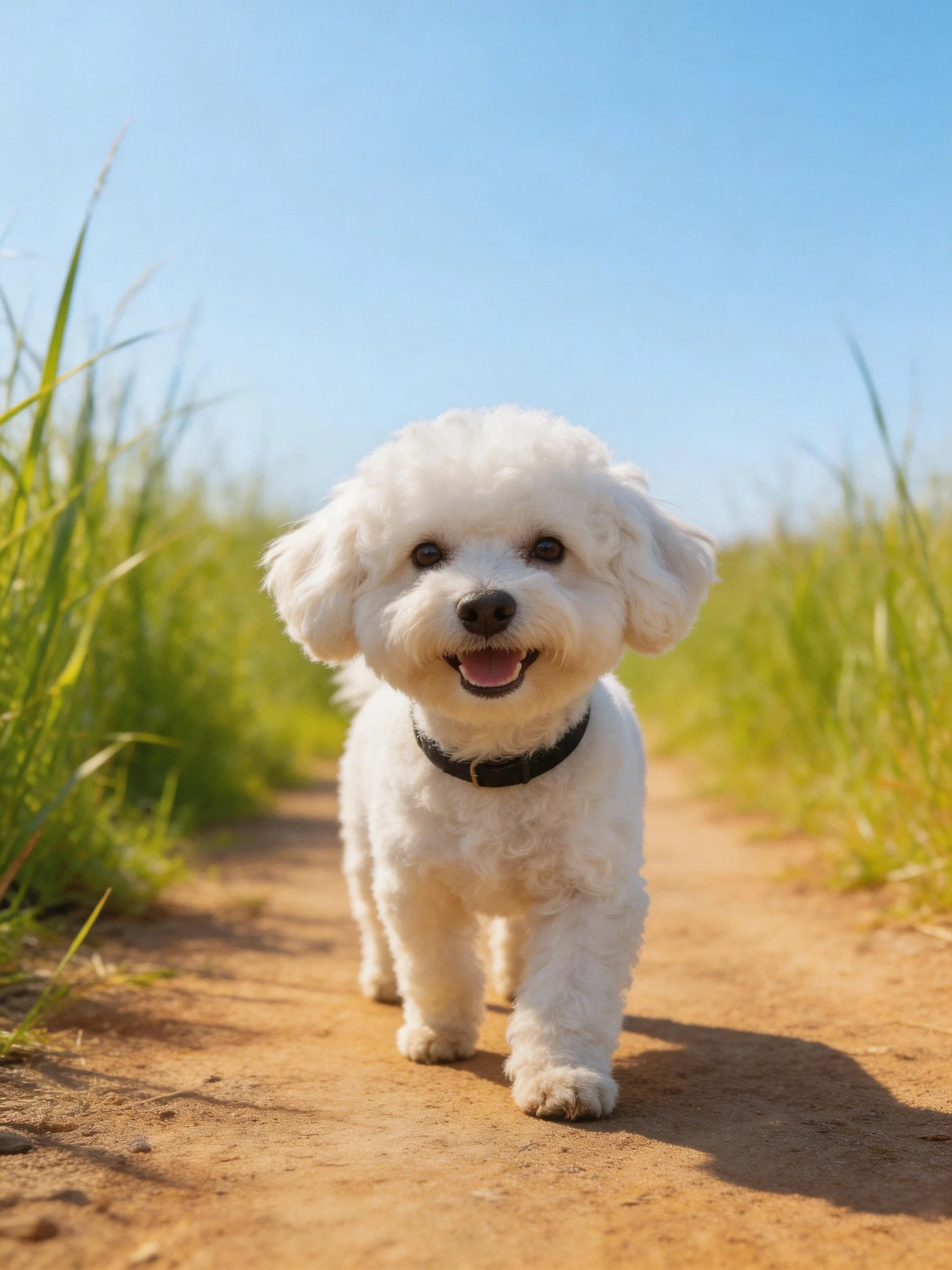 A small white dog enjoys a sunny walk on a dirt path bordered by tall grass