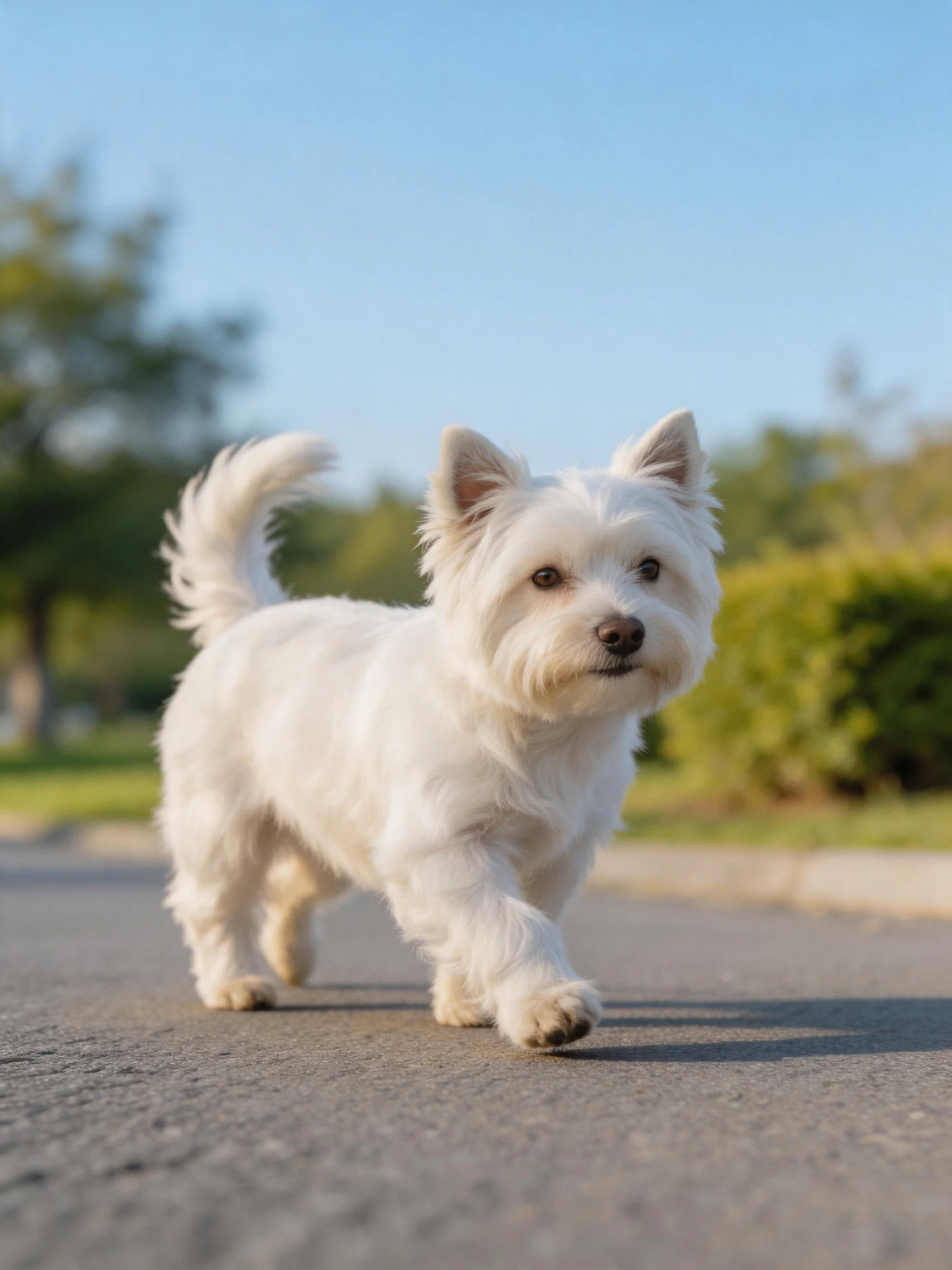 A small white dog walks on a sunny paved path amid greenery