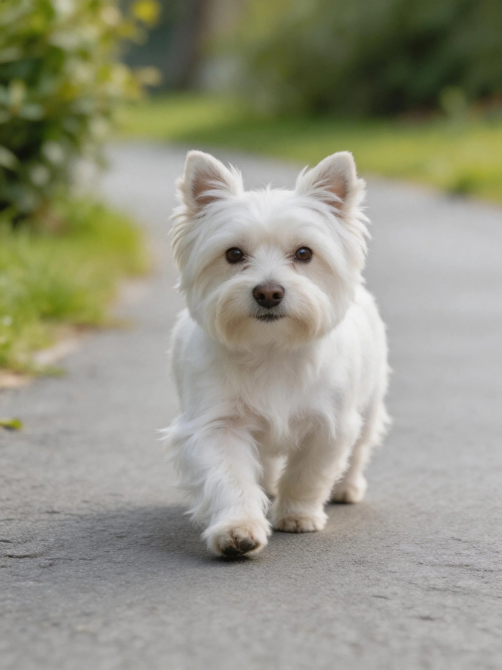 A small white dog walks forward on a paved path in an outdoor setting.