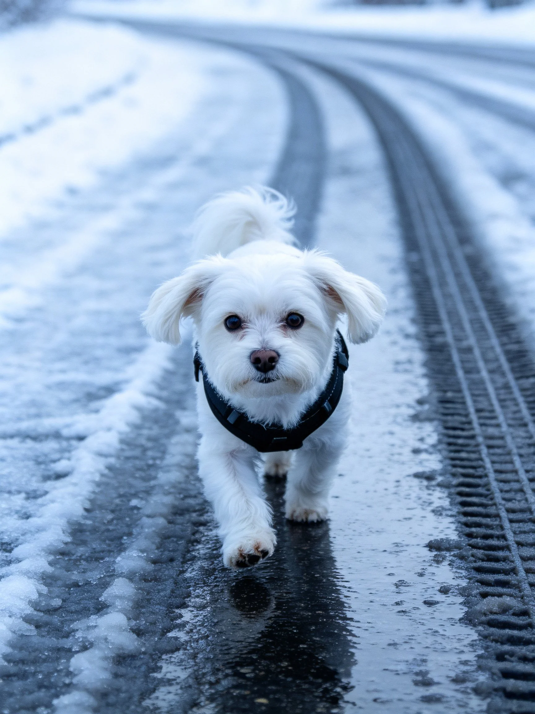 A small white dog walks on a snow - covered road with tire tracks
