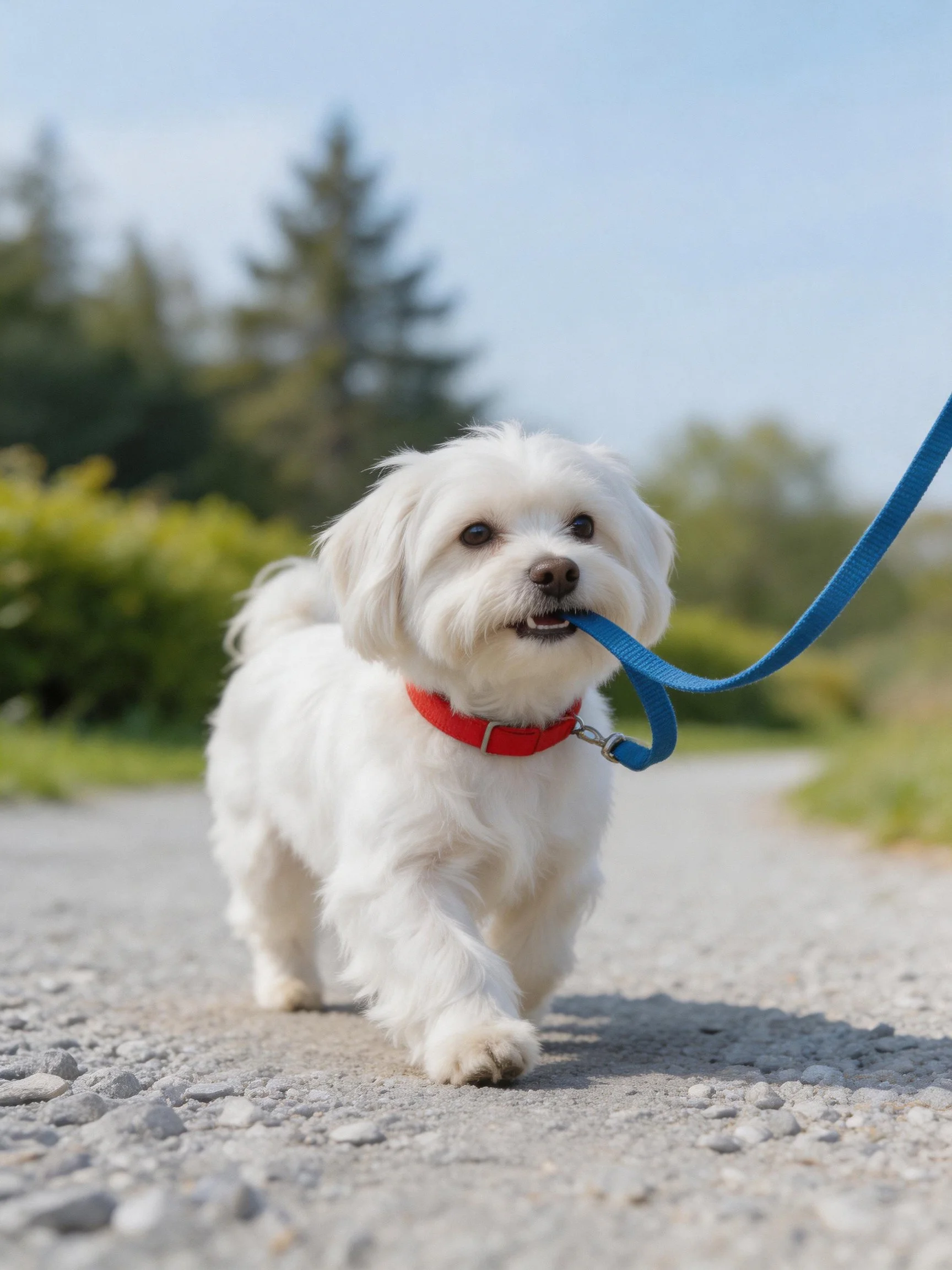 A small white dog walks on gravel while gripping a blue leash