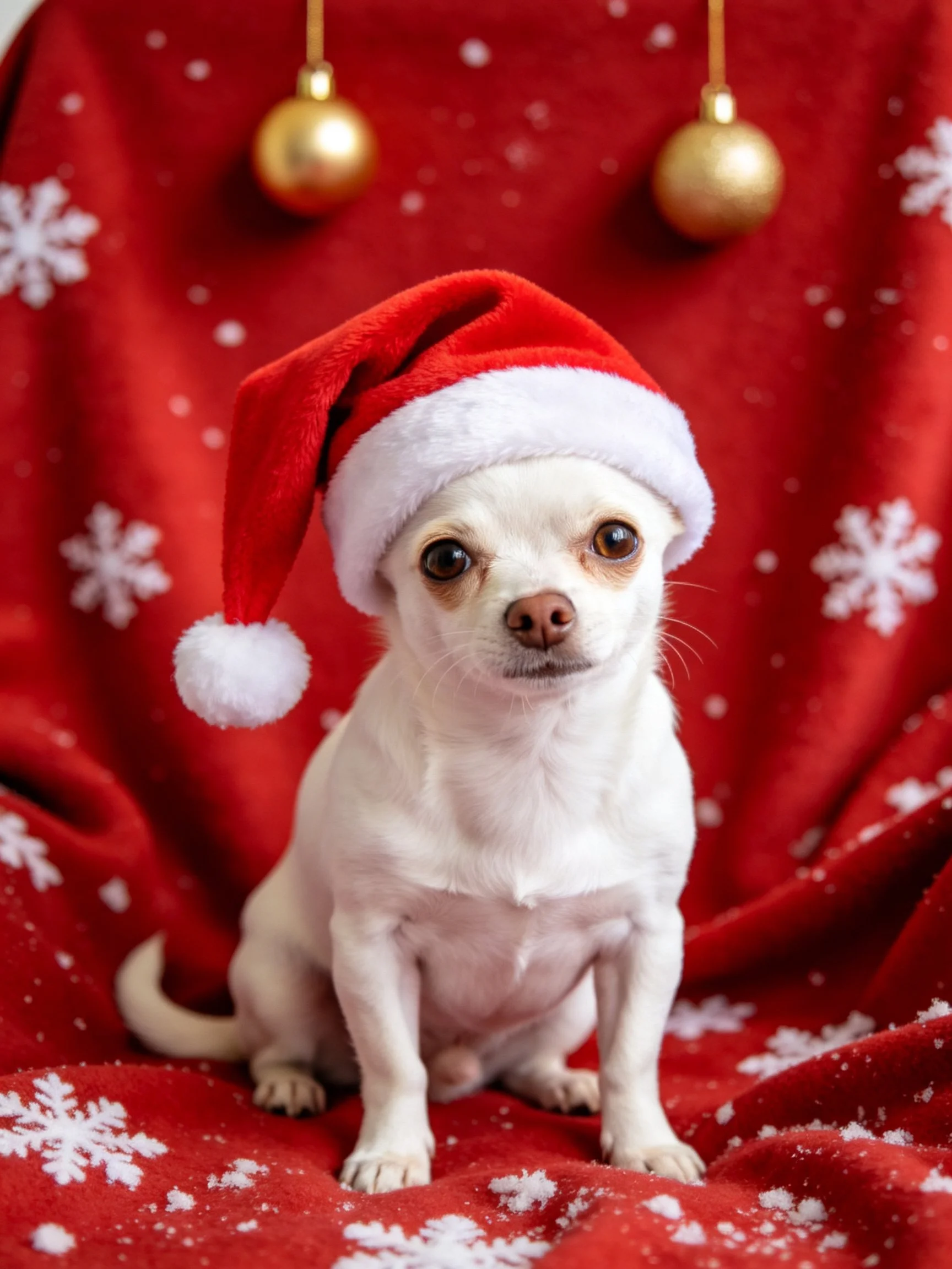 A small white dog sits in a Santa hat against a red festive background.