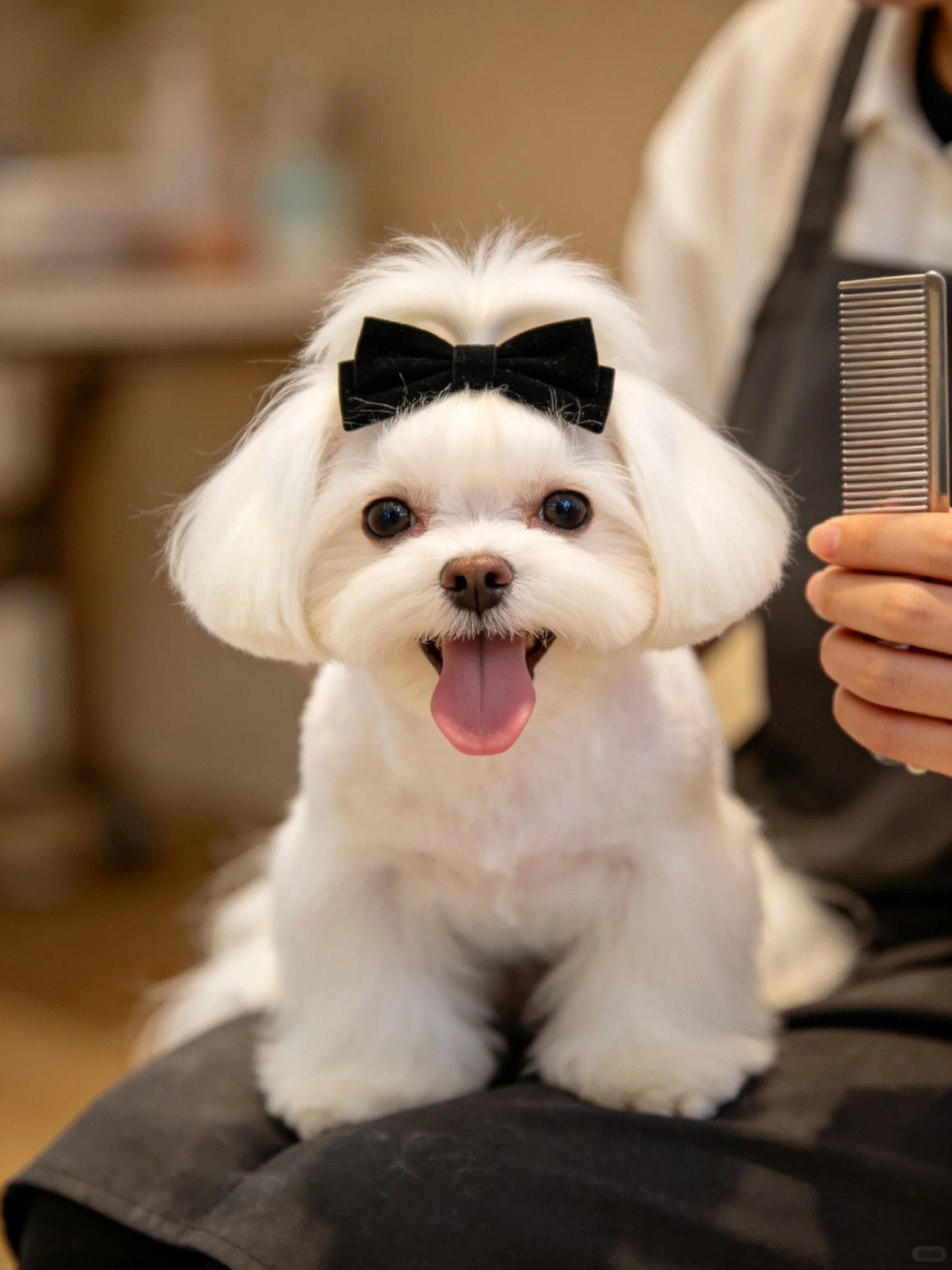 A small white dog with a black bow is being groomed.