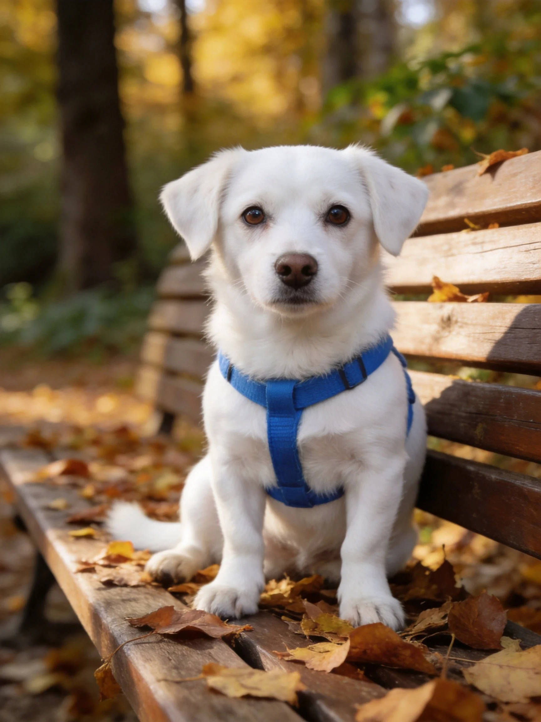 A small white dog in a blue harness sits on a wooden bench amid autumn foliage.