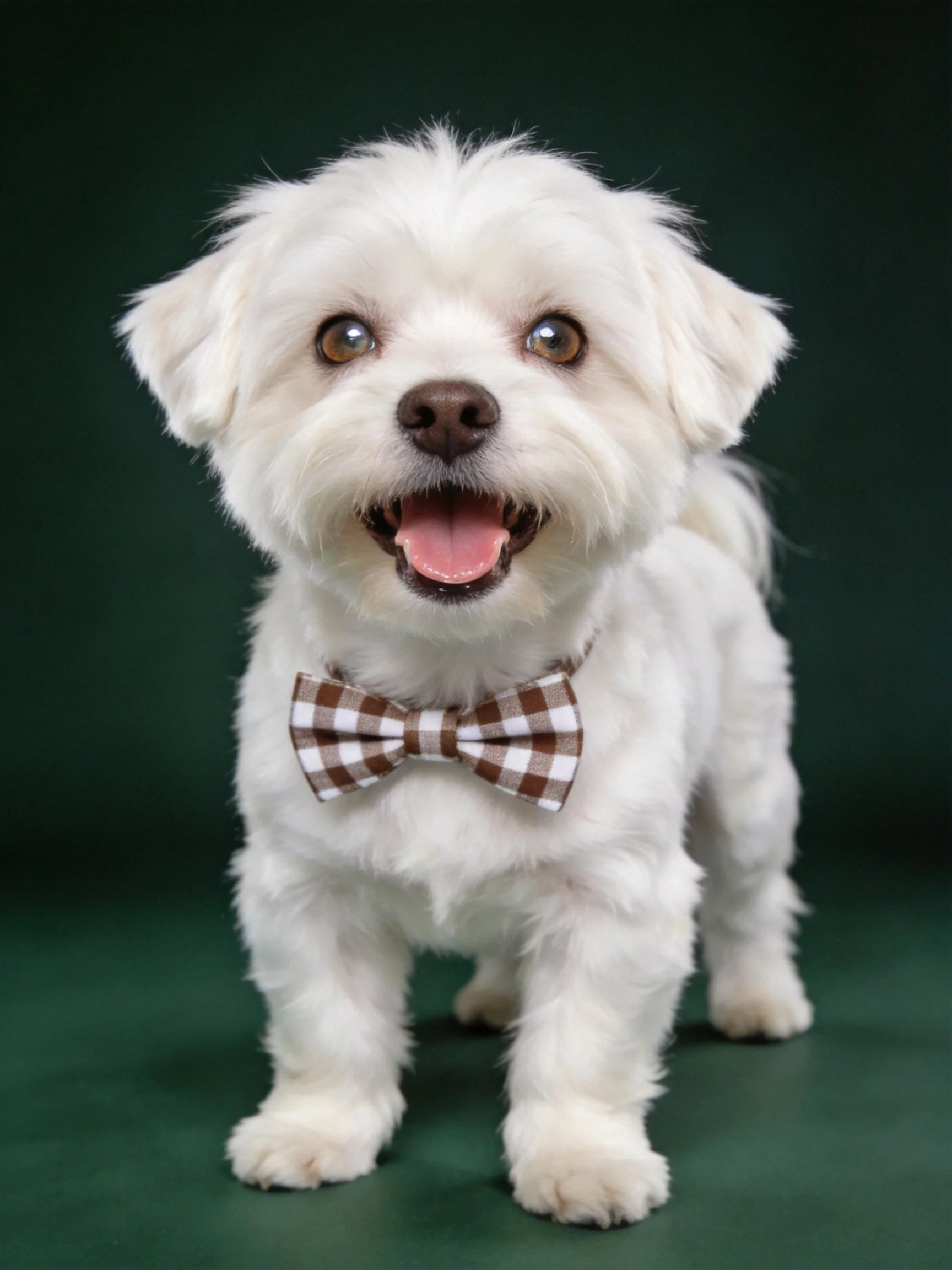 A cheerful small white dog with a checkered bow tie stands against a dark green background.