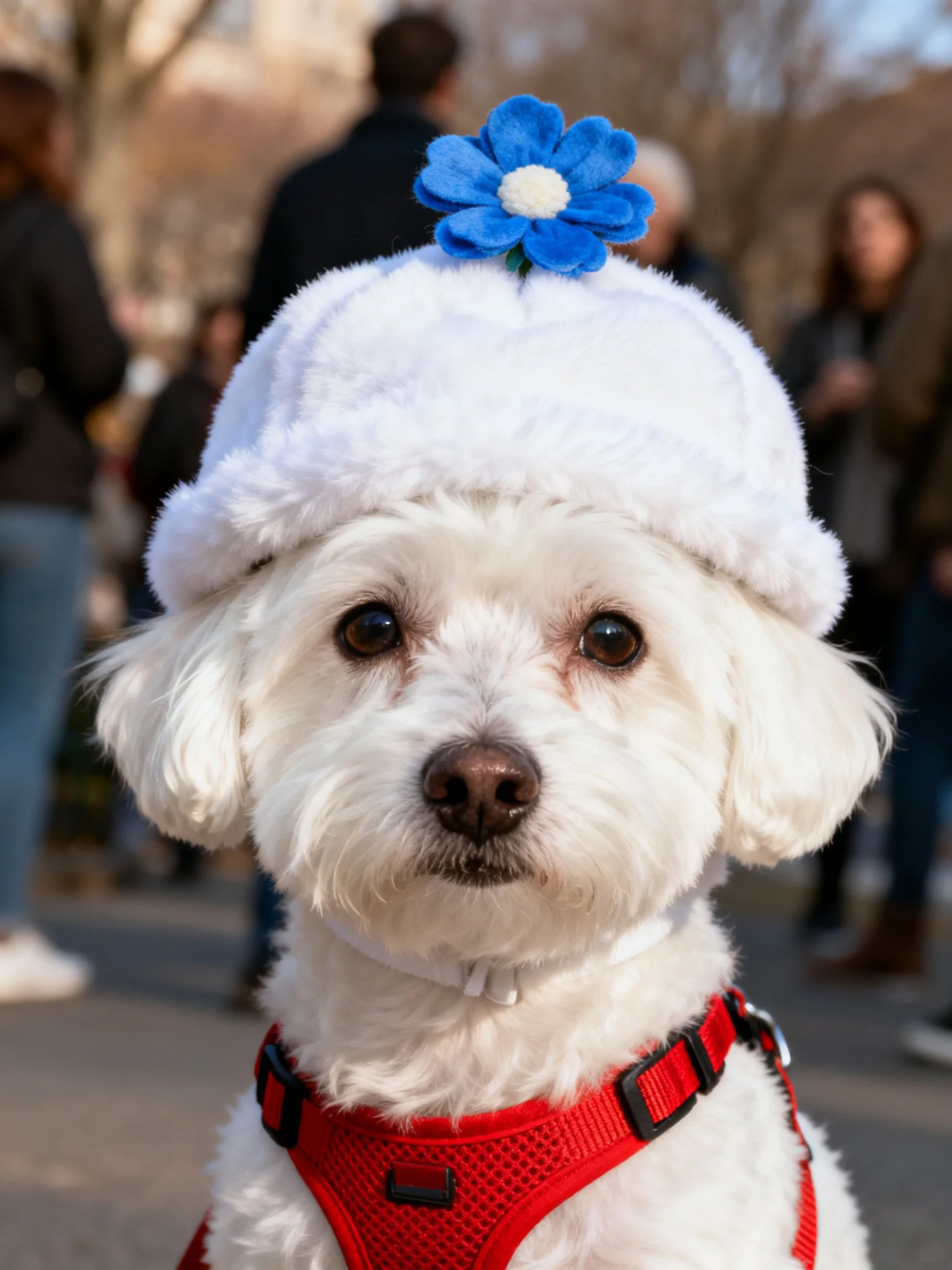 A small white dog in an outdoor setting wears a white hat with a blue flower and red harness.