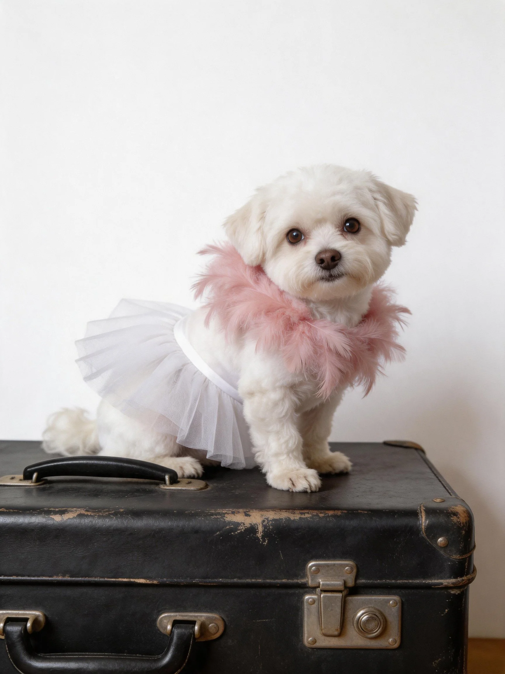 A small white dog adorned in a pink feather boa and white tutu sits on an aged black suitcase.