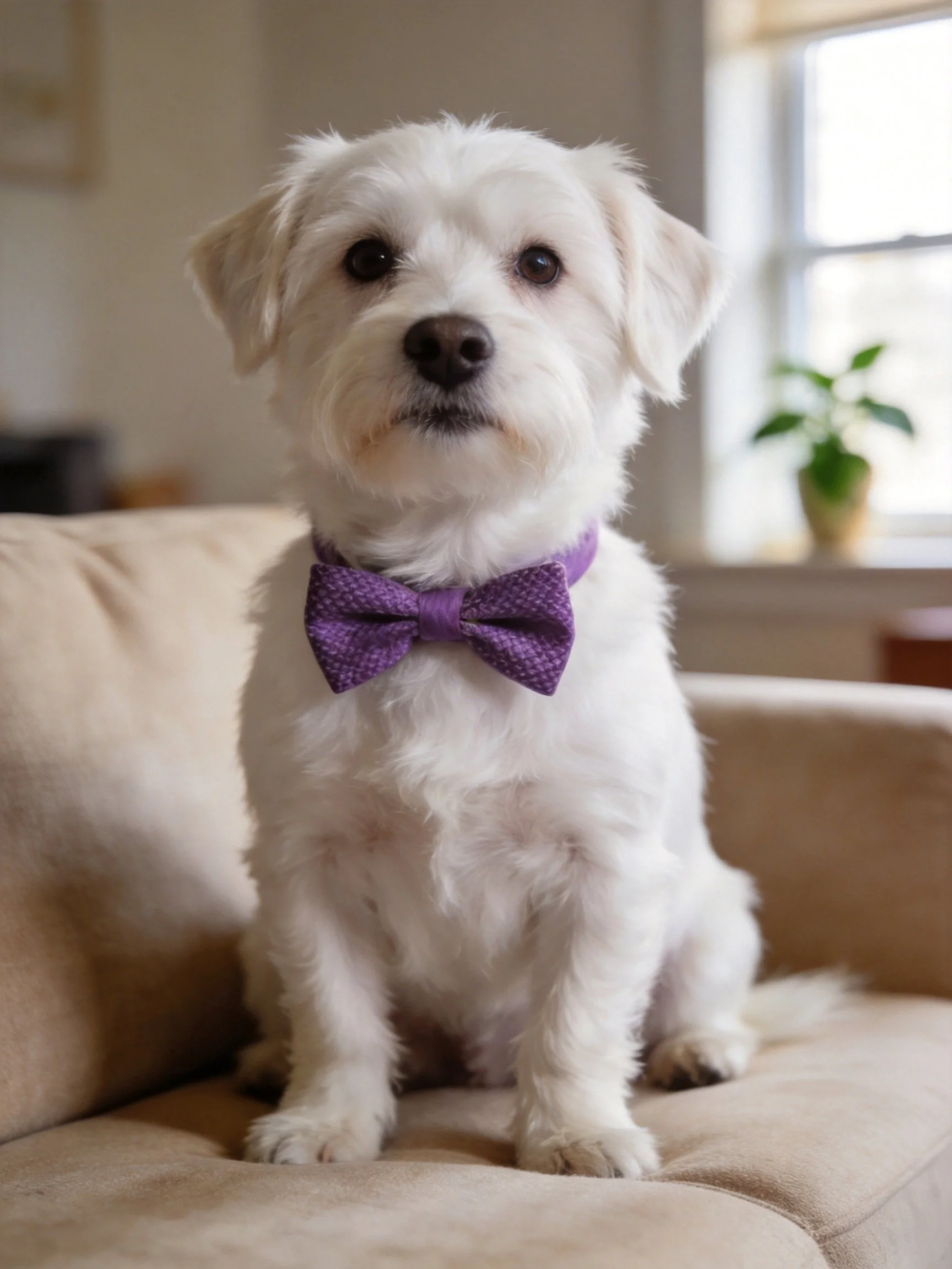 A small white dog with a purple bow tie sits quietly on a beige couch