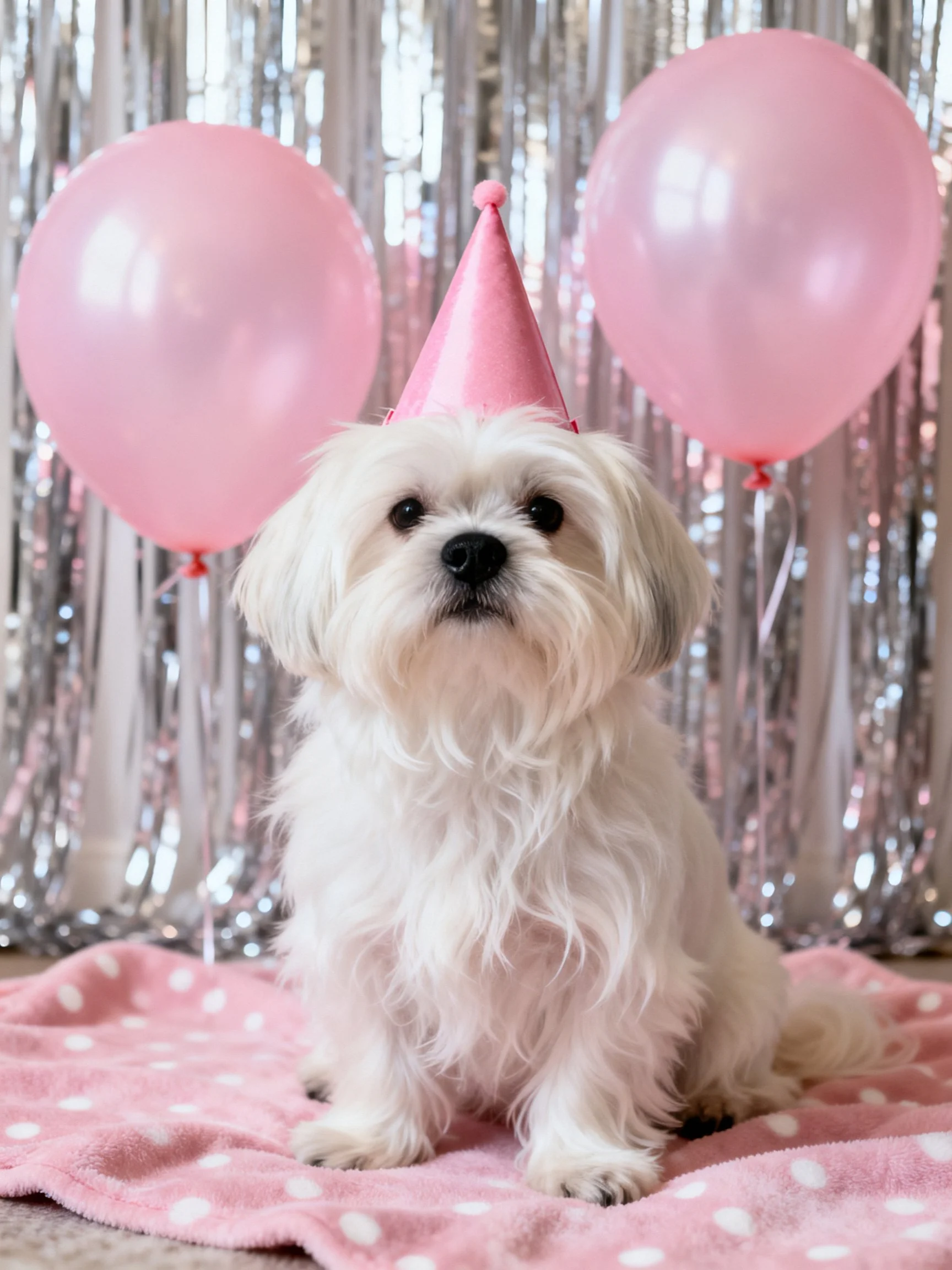 A small white dog sits near pink balloons with a pink party hat