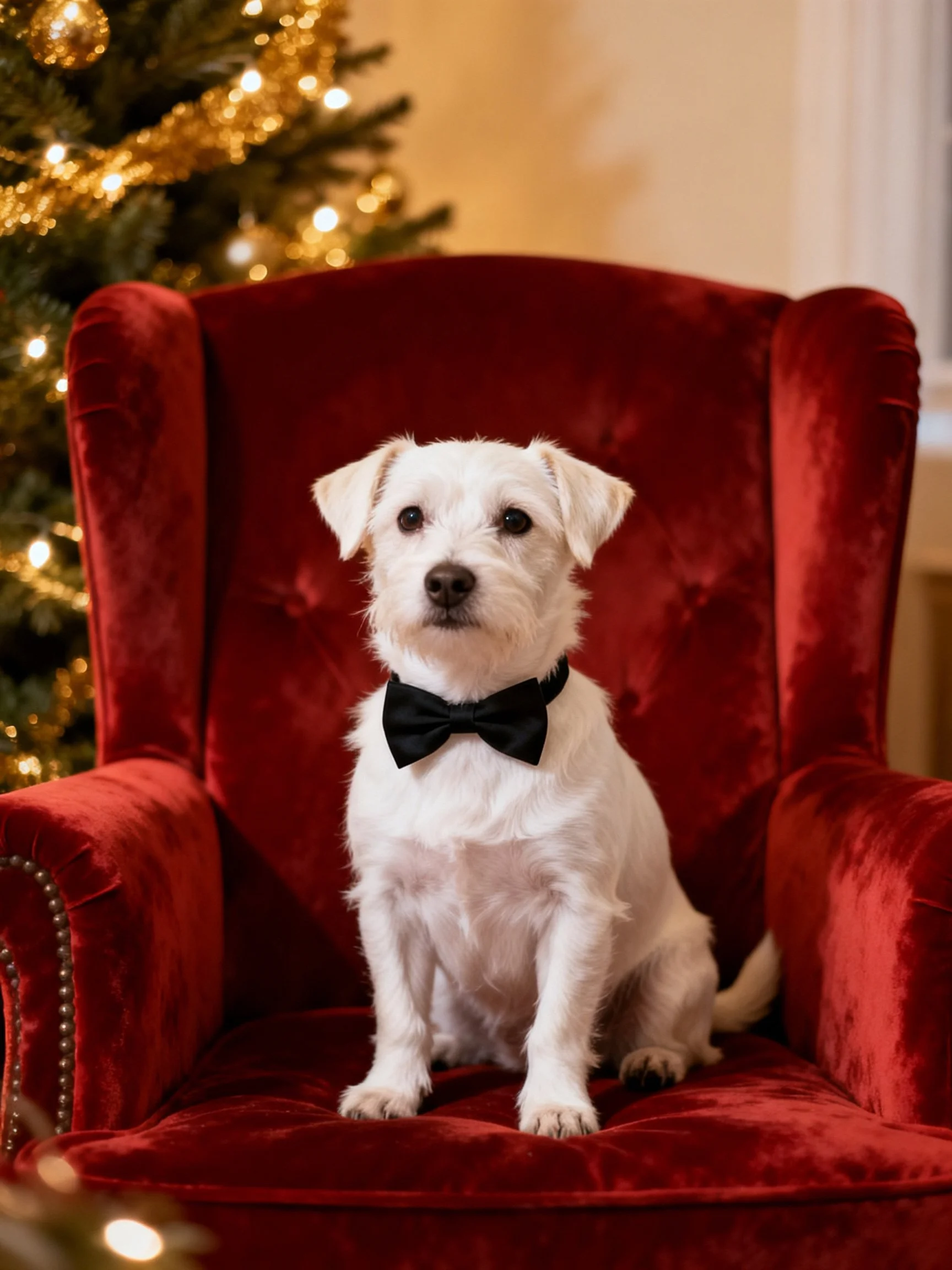 A small white dog with a black bowtie sits on a plush red armchair near a decorated Christmas tree