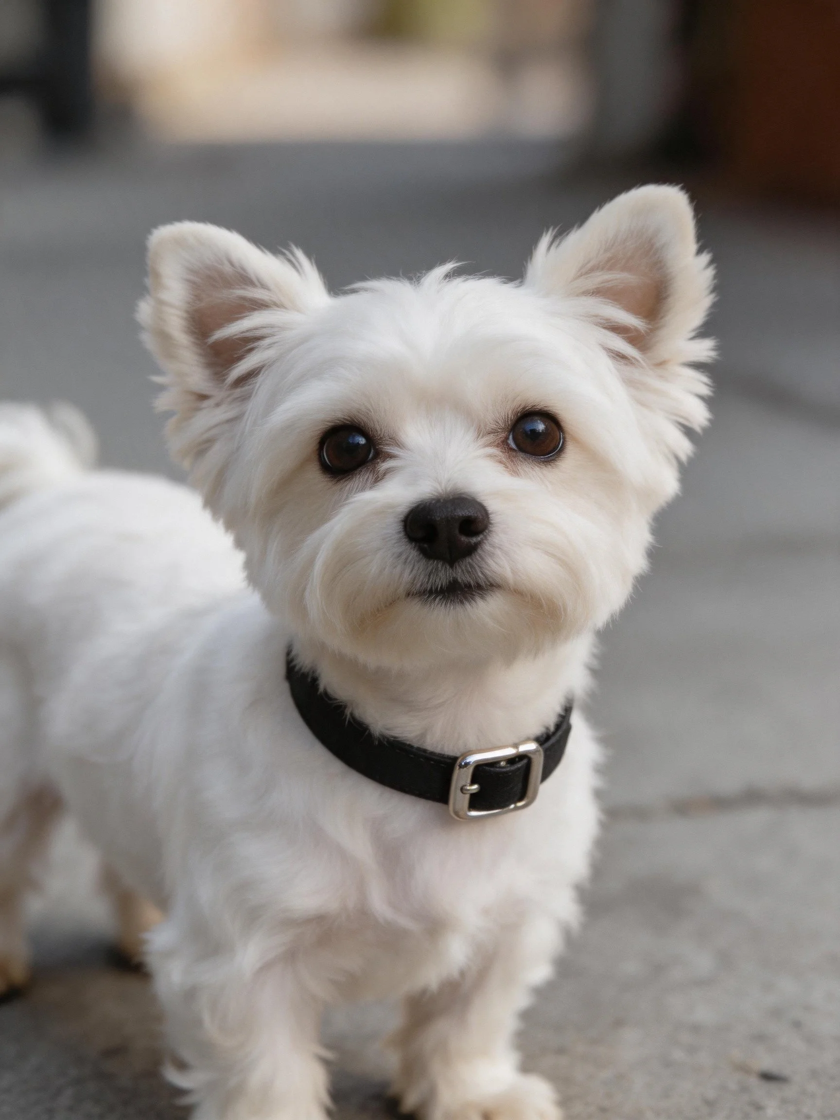 A small white dog wearing a black collar stands on a concrete surface.