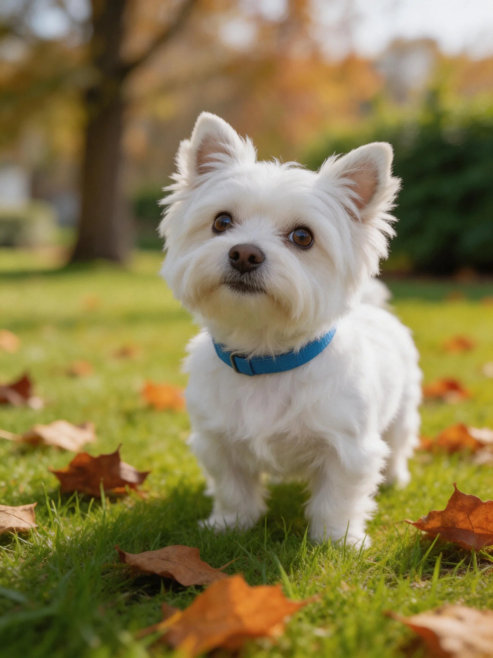 A small white dog with a blue collar stands on grass surrounded by autumn leaves.