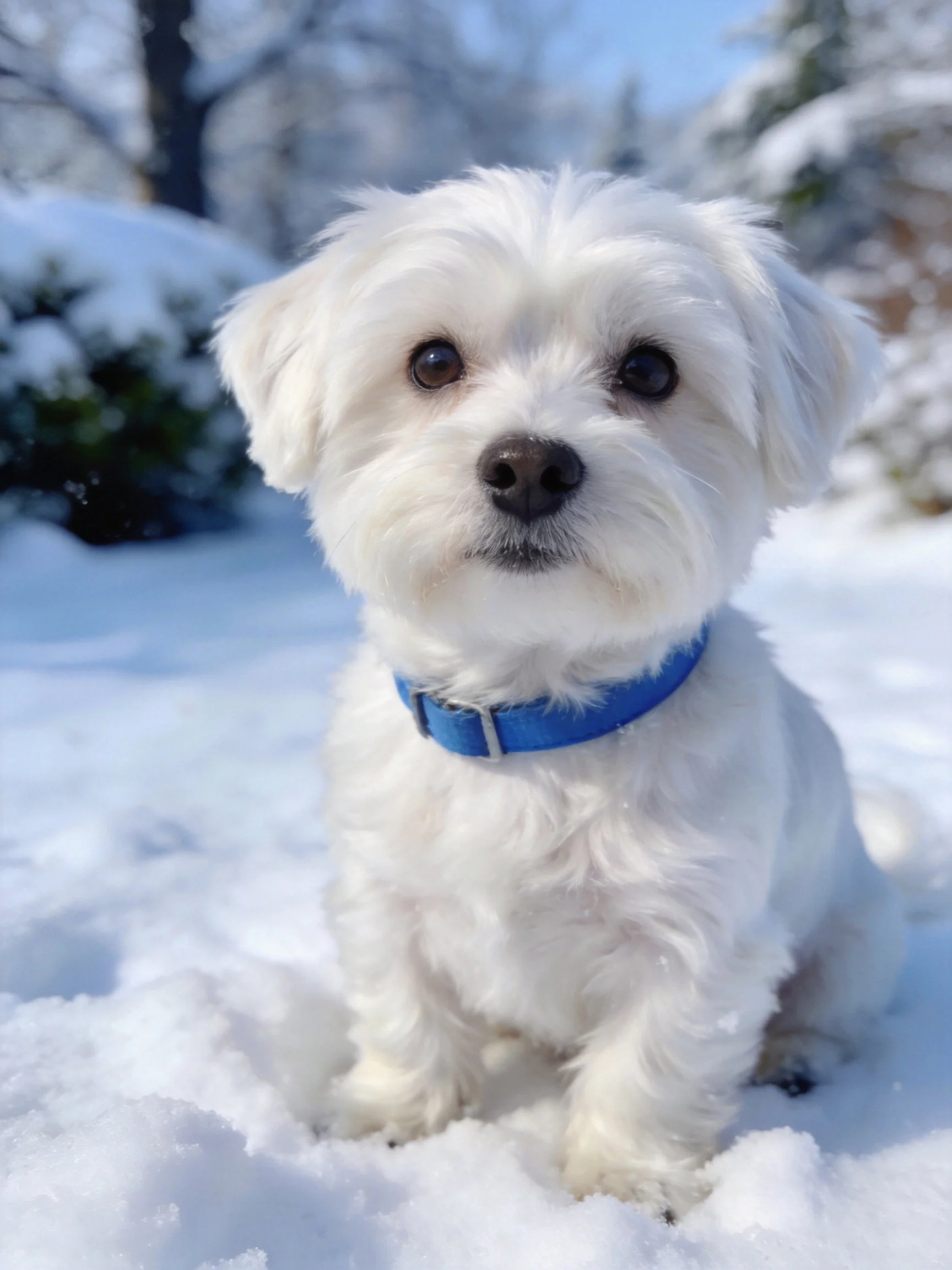 A small white dog with a blue collar sits in a snowy landscape.