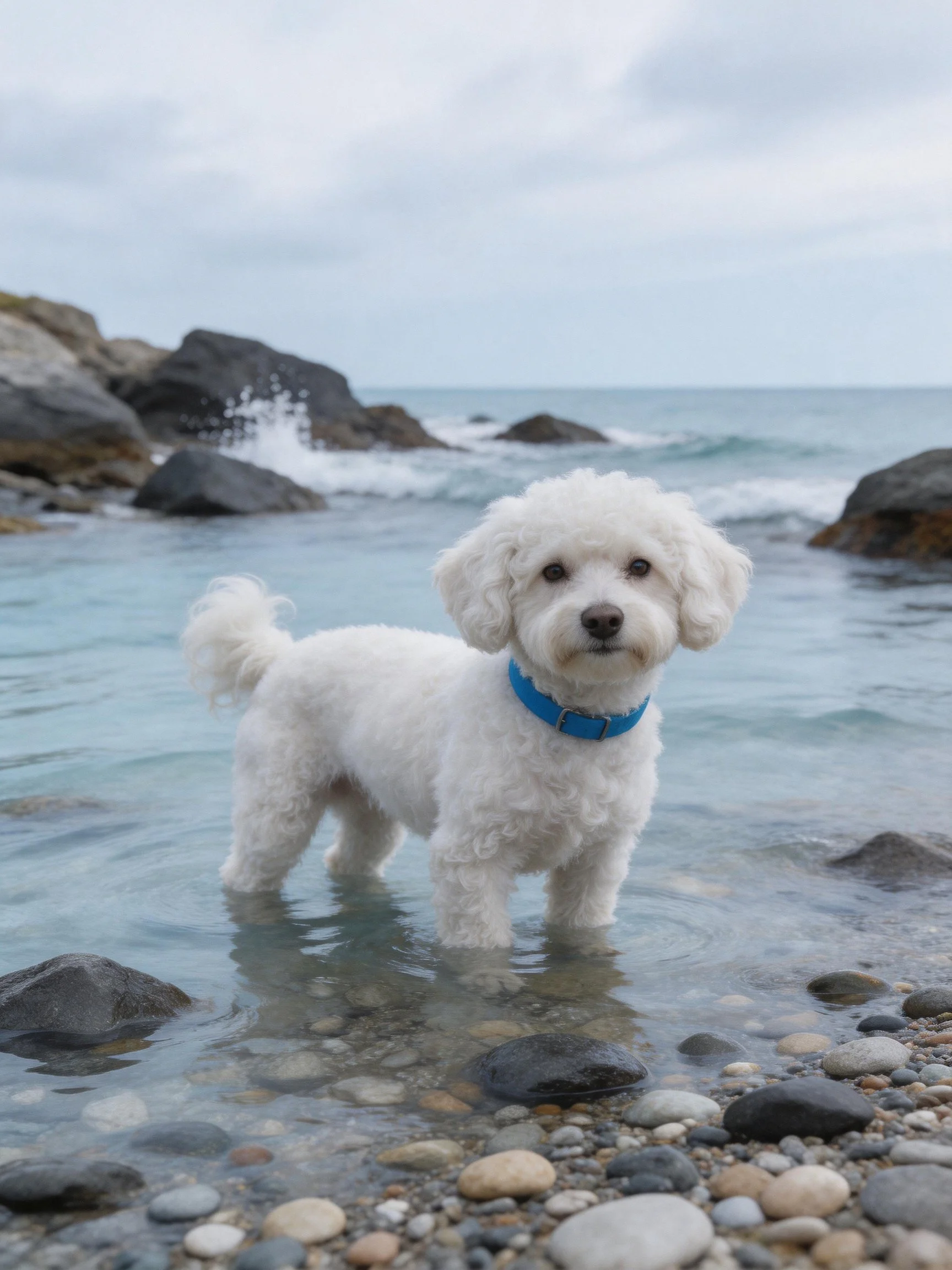 A small white dog with a blue collar stands in shallow coastal waters near rocks