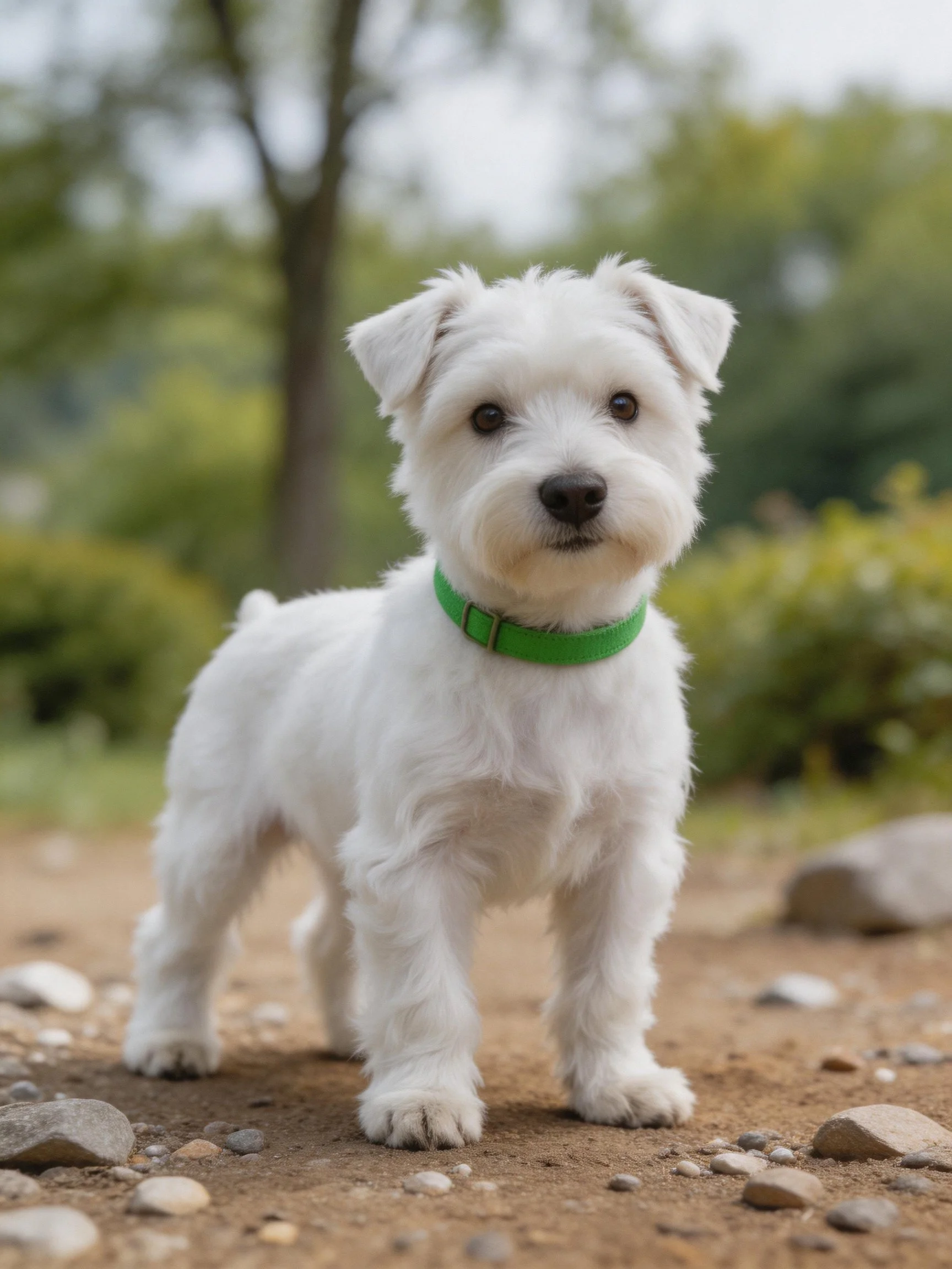 A small white dog with a green collar stands on a rocky outdoor path amid nature.