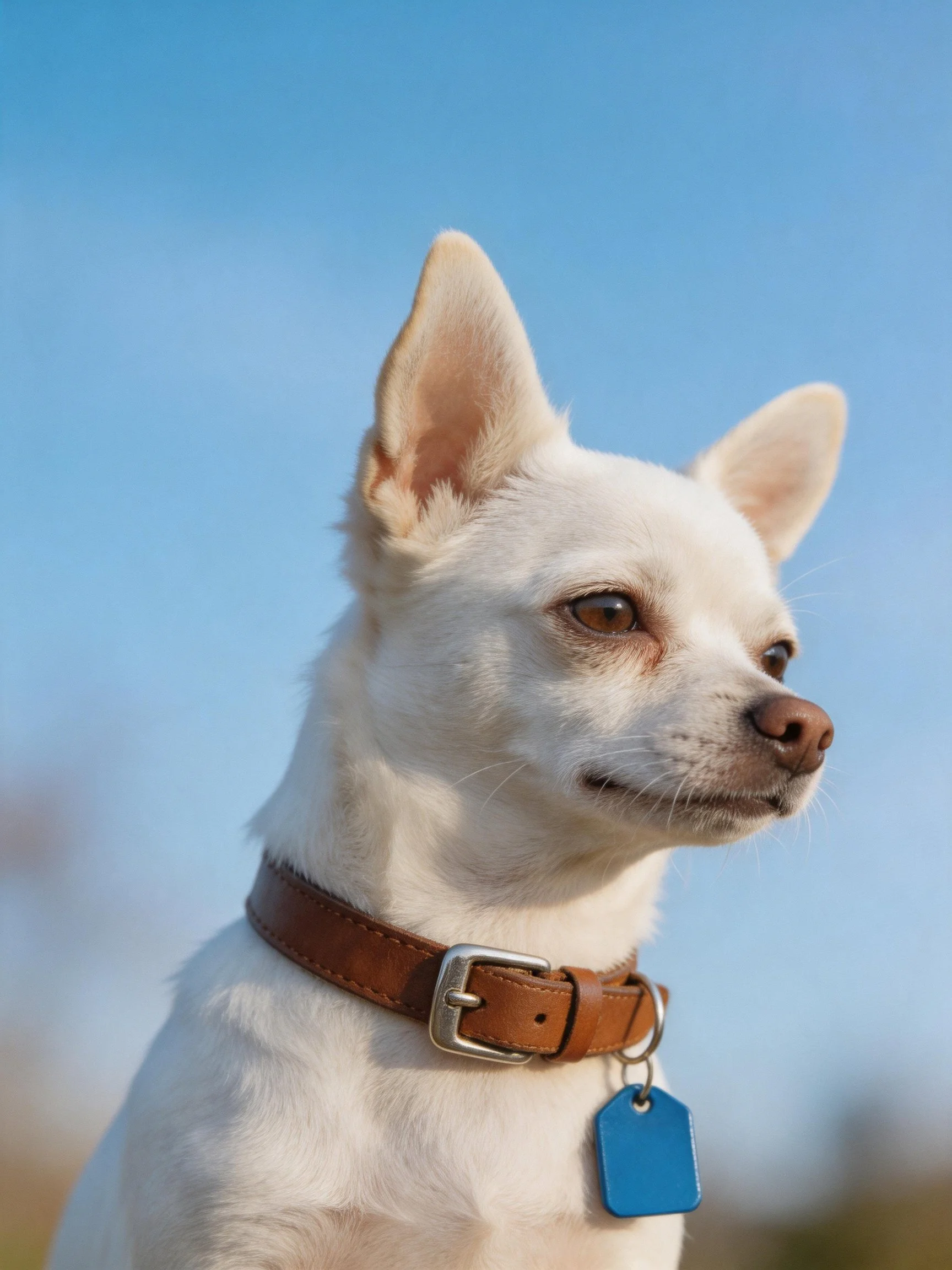 A small white dog with a brown collar and blue tag stands outdoors under a clear blue sky.