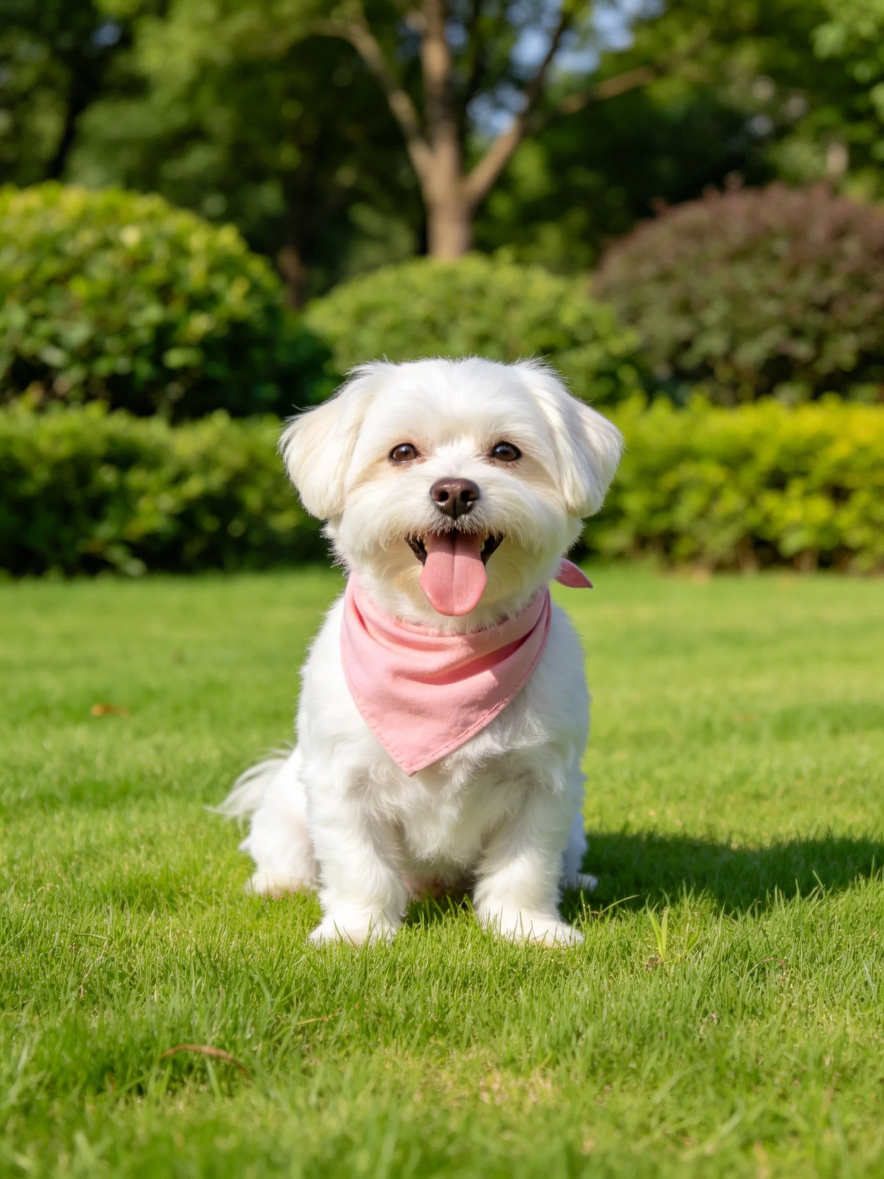 A small white dog with a pink bandana rests on green grass in a garden.