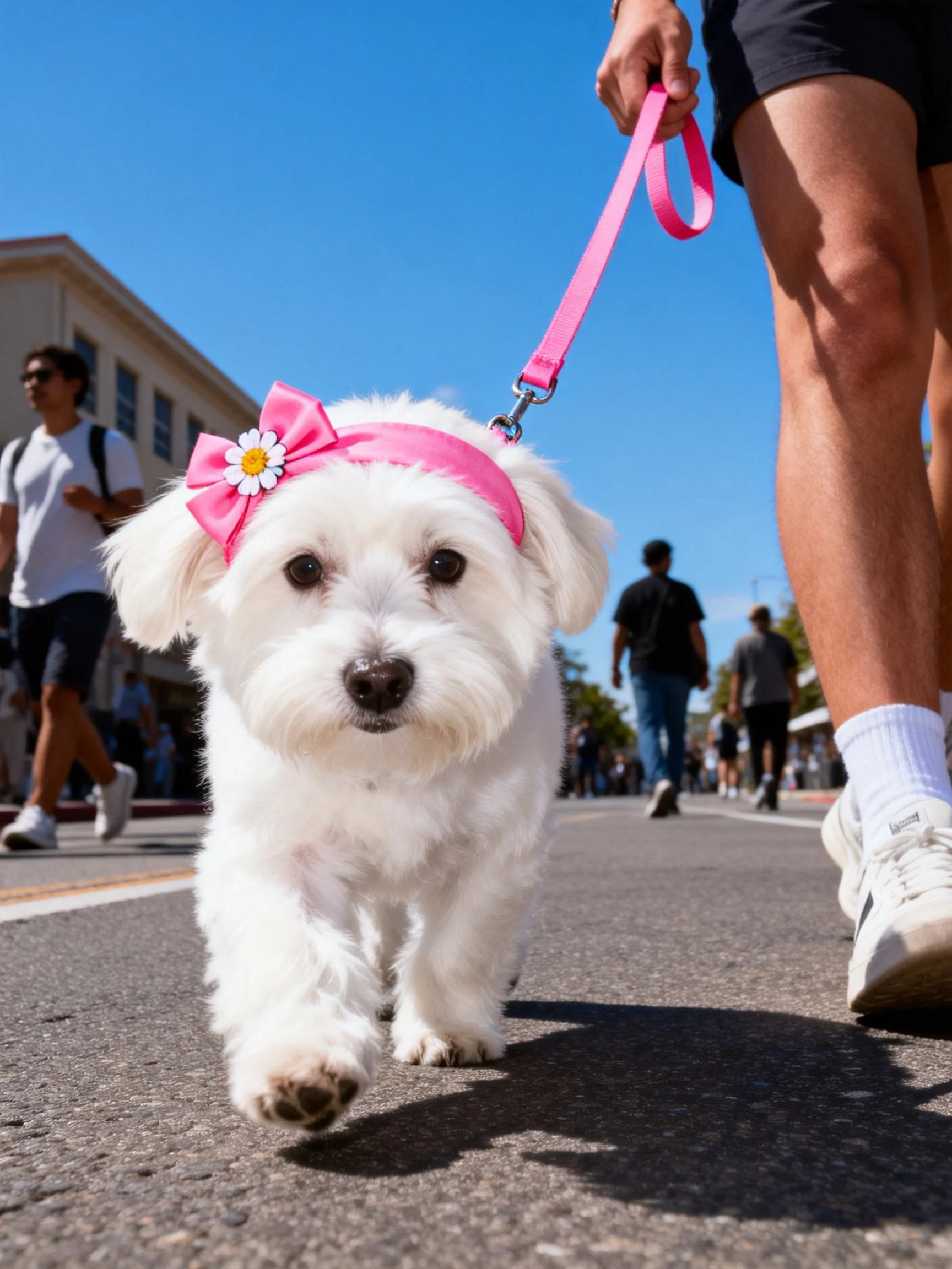 A small white dog with a pink bow walks through a sunny street with pedestrians.