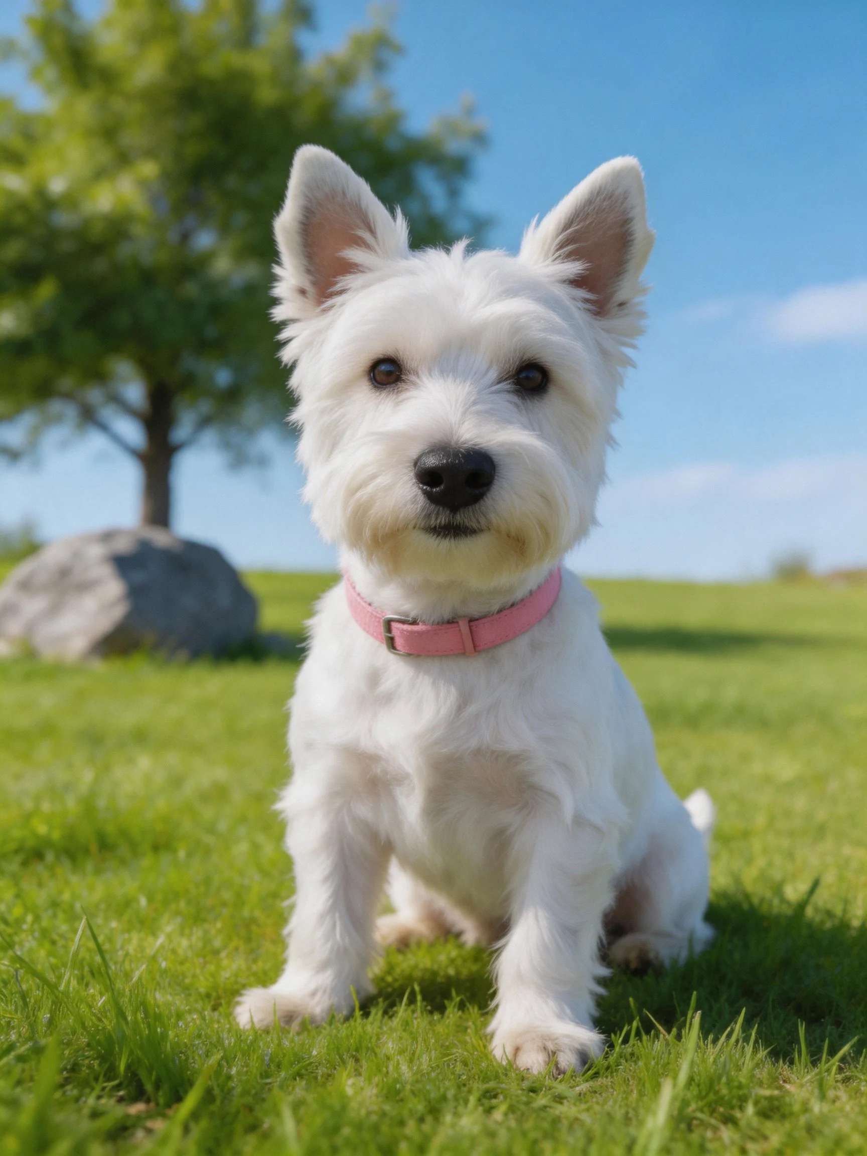 A small white dog with a pink collar sits on green grass in a sunny outdoor area.