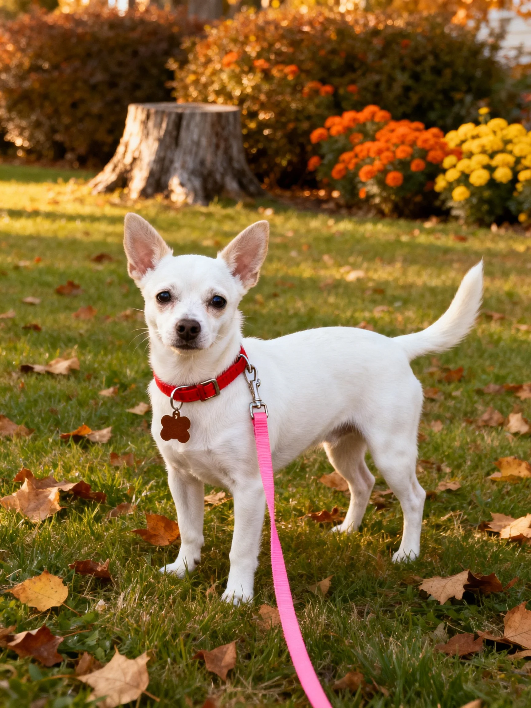 A small white dog with a pink leash on an autumn lawn
