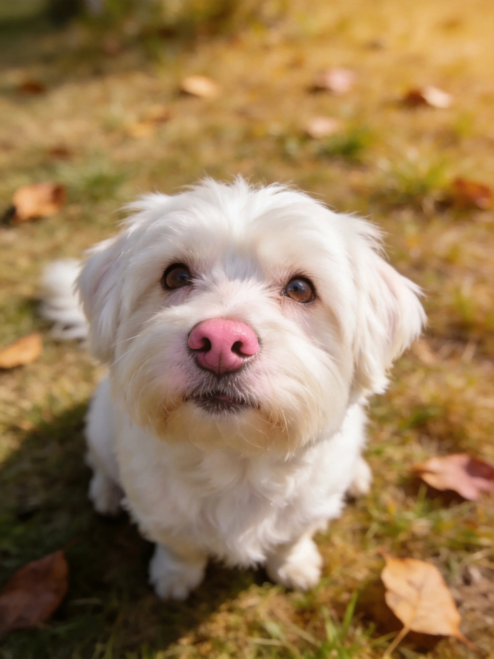 A small white dog with a pink nose sits on grass with scattered autumn leaves