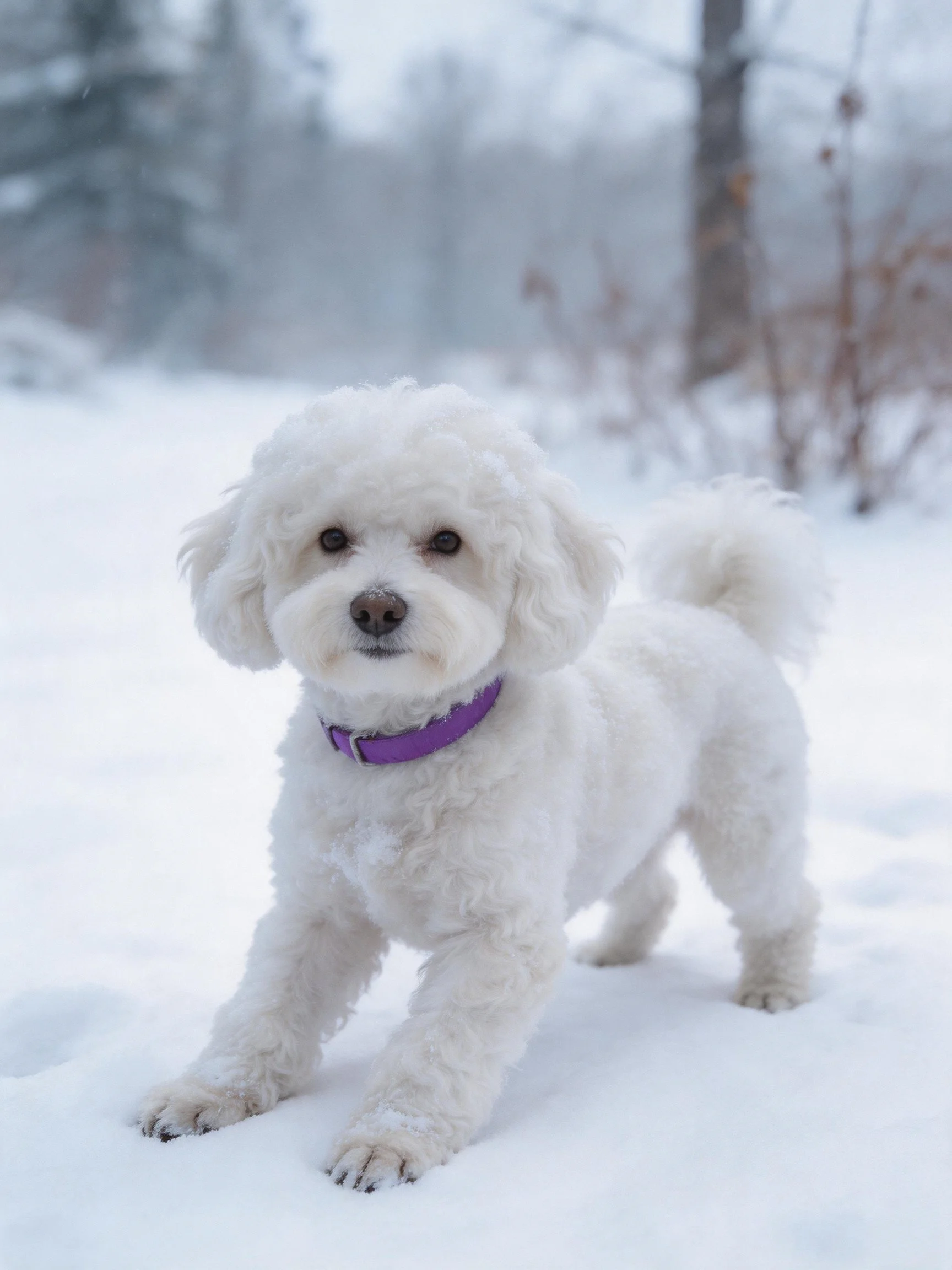 A small white dog with a purple collar stands in a snowy outdoor environment.