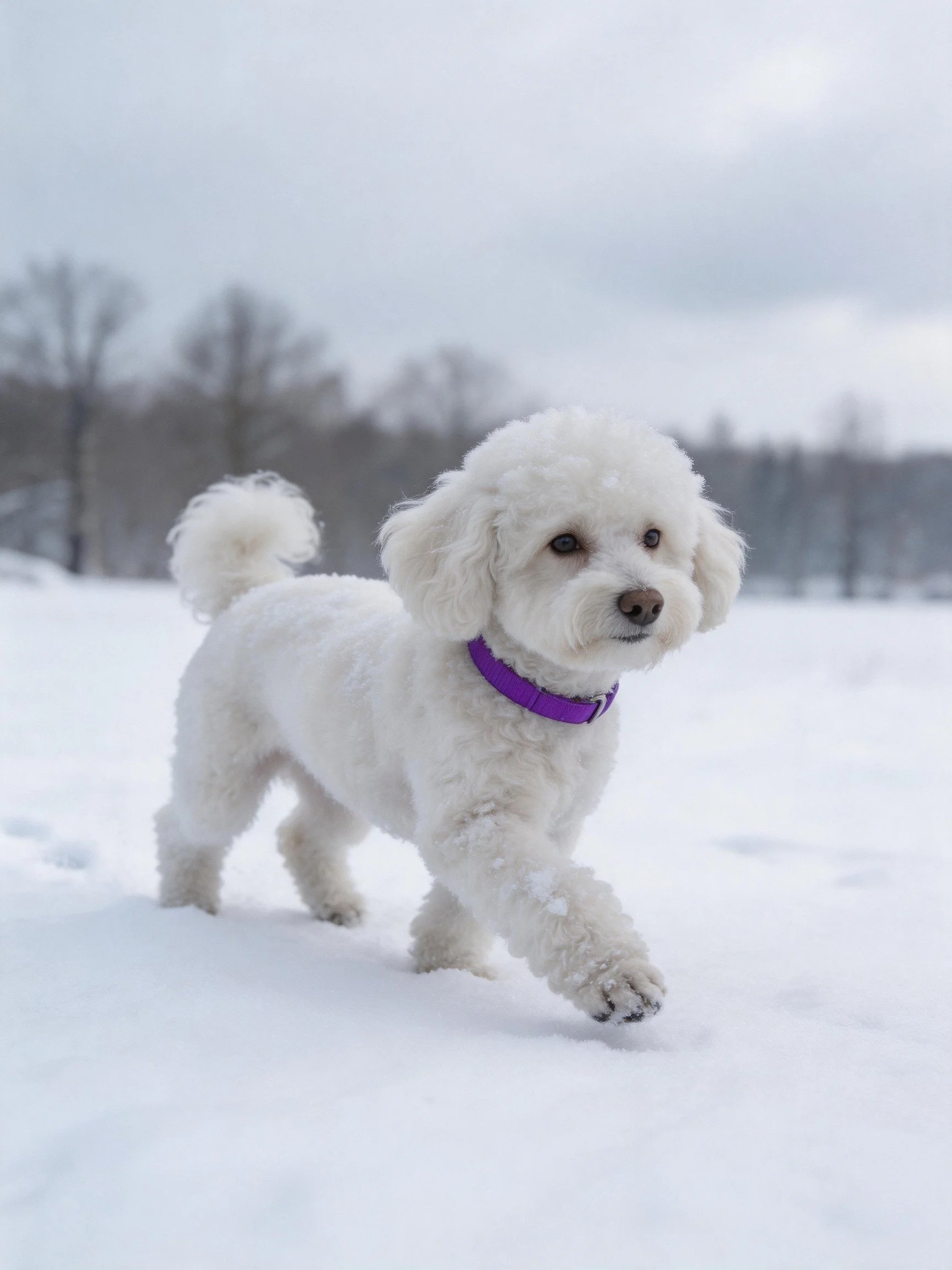 A white dog with a purple collar explores a snow - covered area near trees.