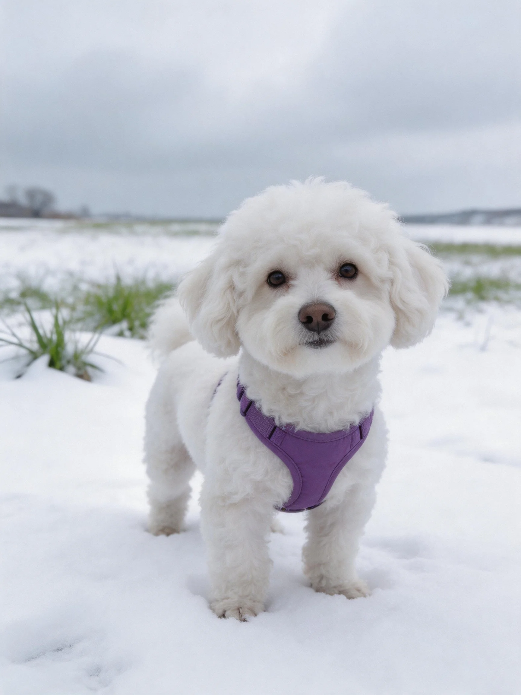 A small white dog with a purple harness stands in a snowy outdoor environment.
