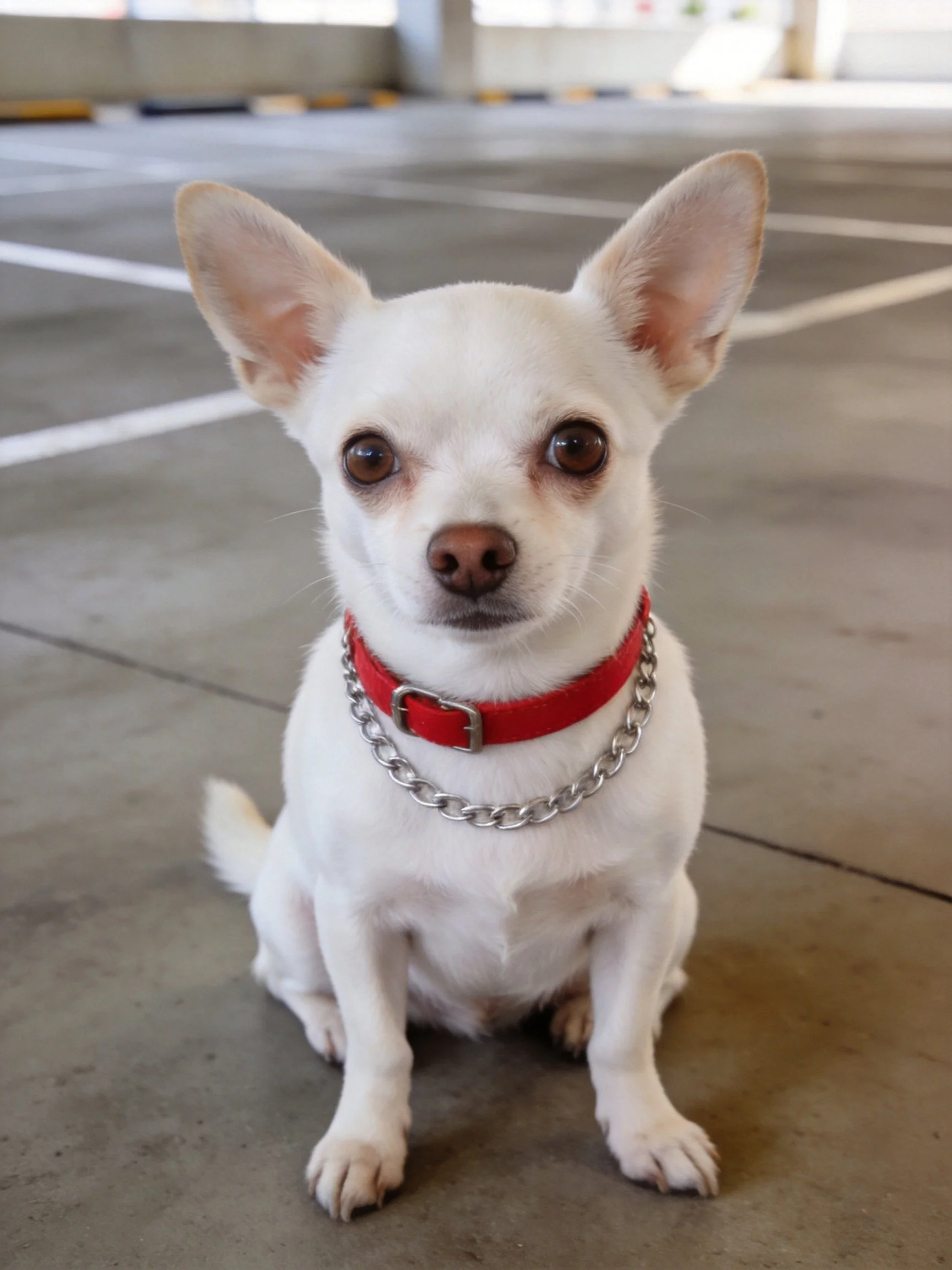 A small white dog with a red collar sits on concrete