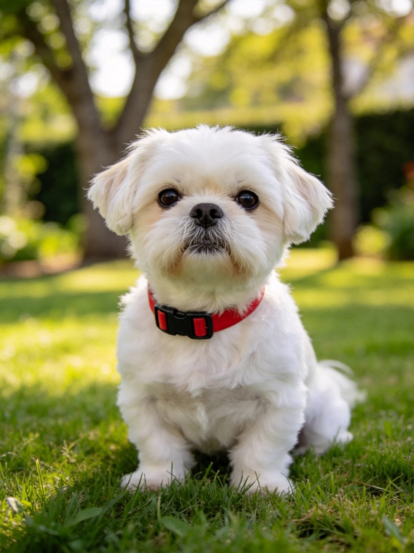 A small white dog with a red collar sits calmly on green grass in a sunlit outdoor setting.