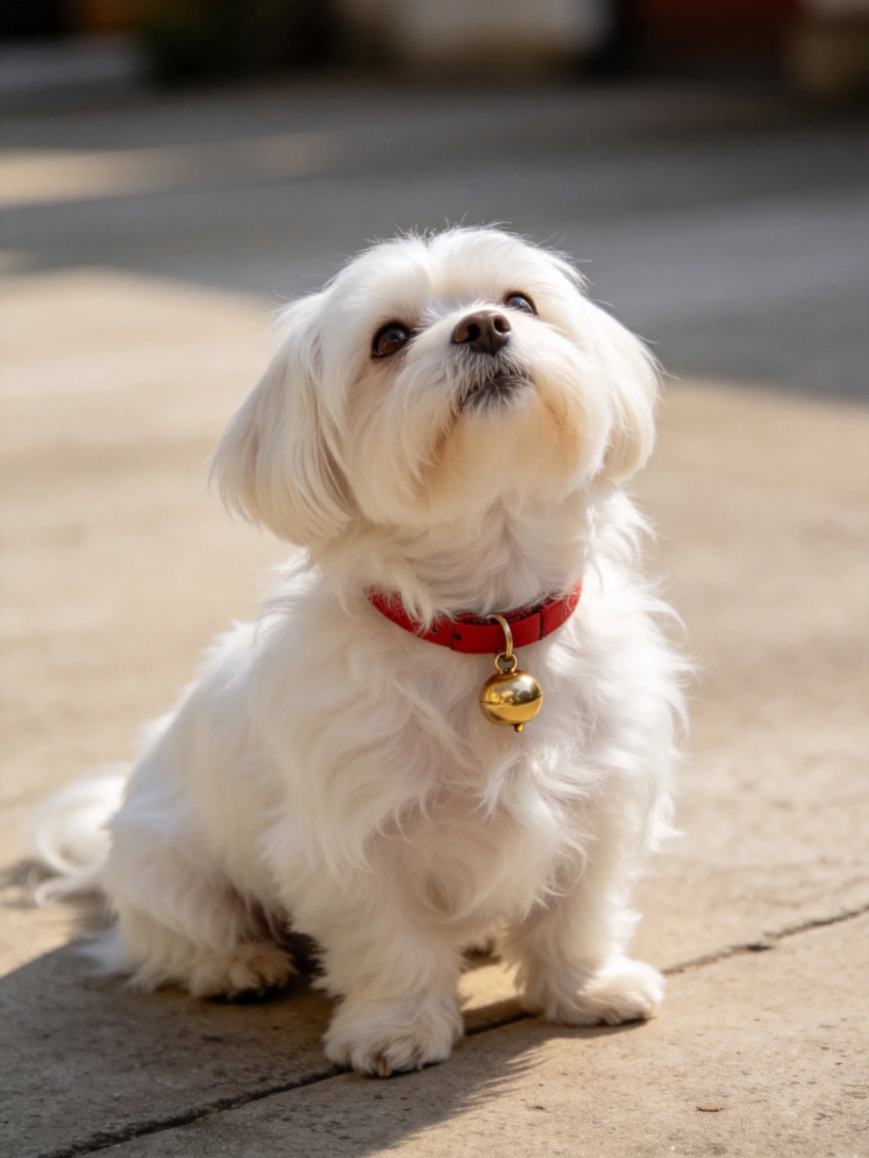 A small white dog with a red collar sits calmly on pavement.
