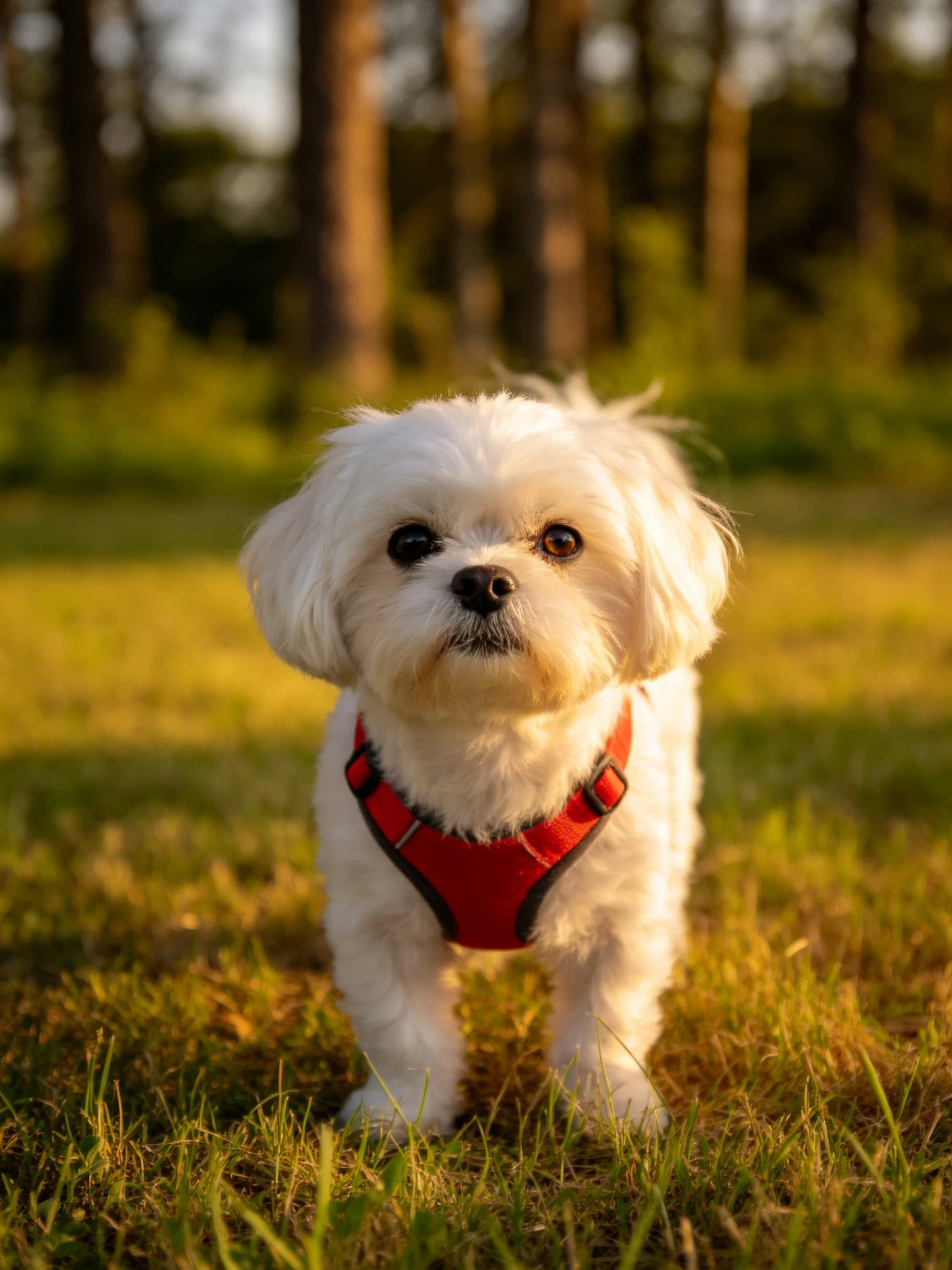 A small white dog with a red harness standing on grass near trees
