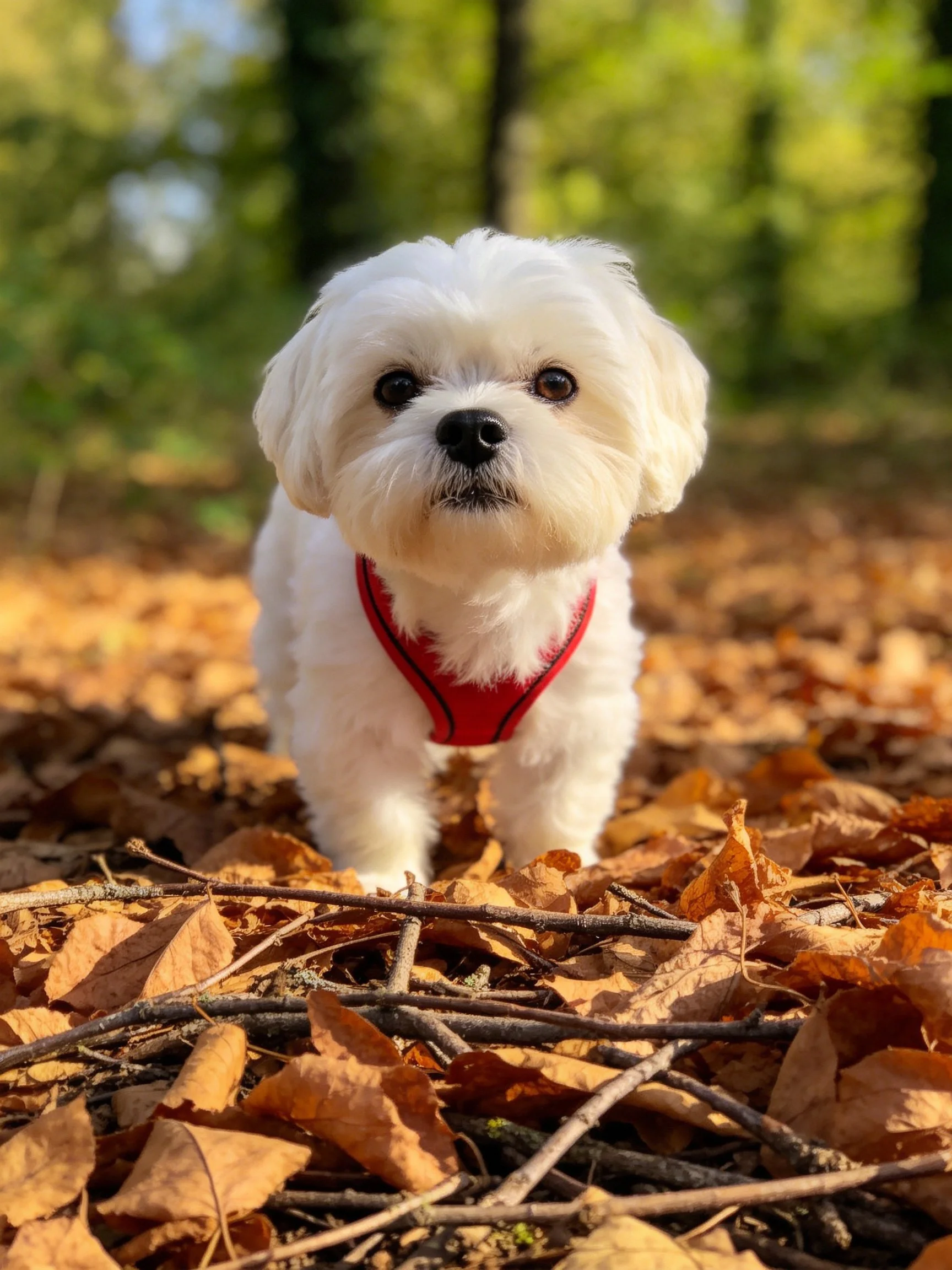 A small white dog with a red harness stands among fallen leaves in a forest setting.