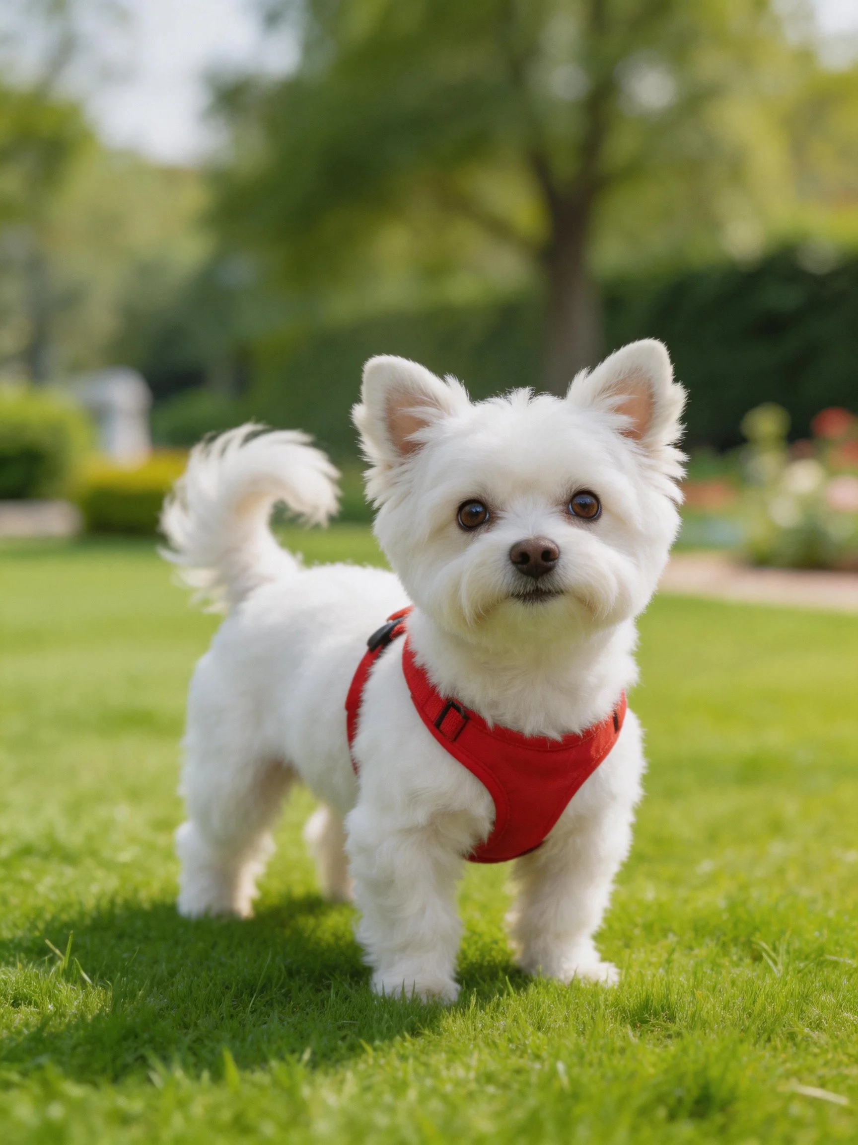 A small white dog with a red harness stands on green grass