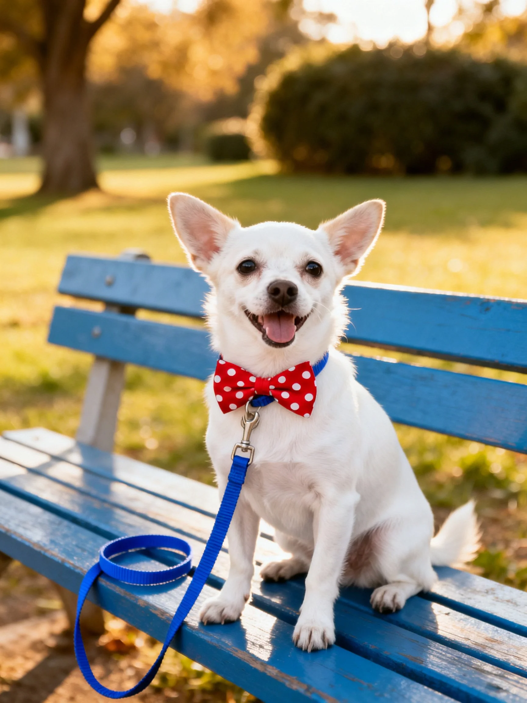 A small white dog with a red polka dot bowtie sits on a blue parkbench in a sunny park.