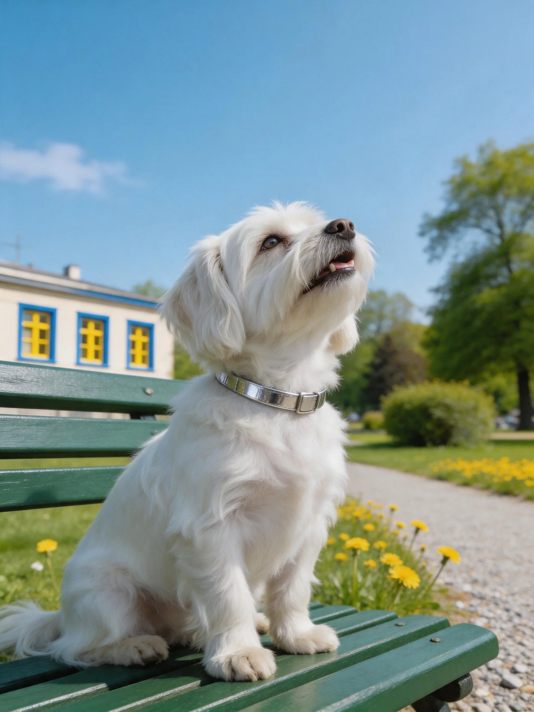 A small white dog with a silver collar sits on a green park bench in a sunny outdoor setting.