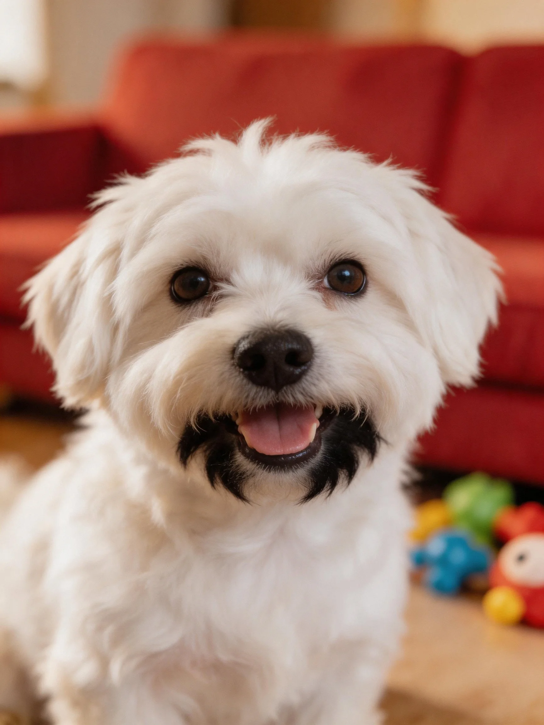 A small white dog with black facial markings sits near a red sofa and colorful toys.