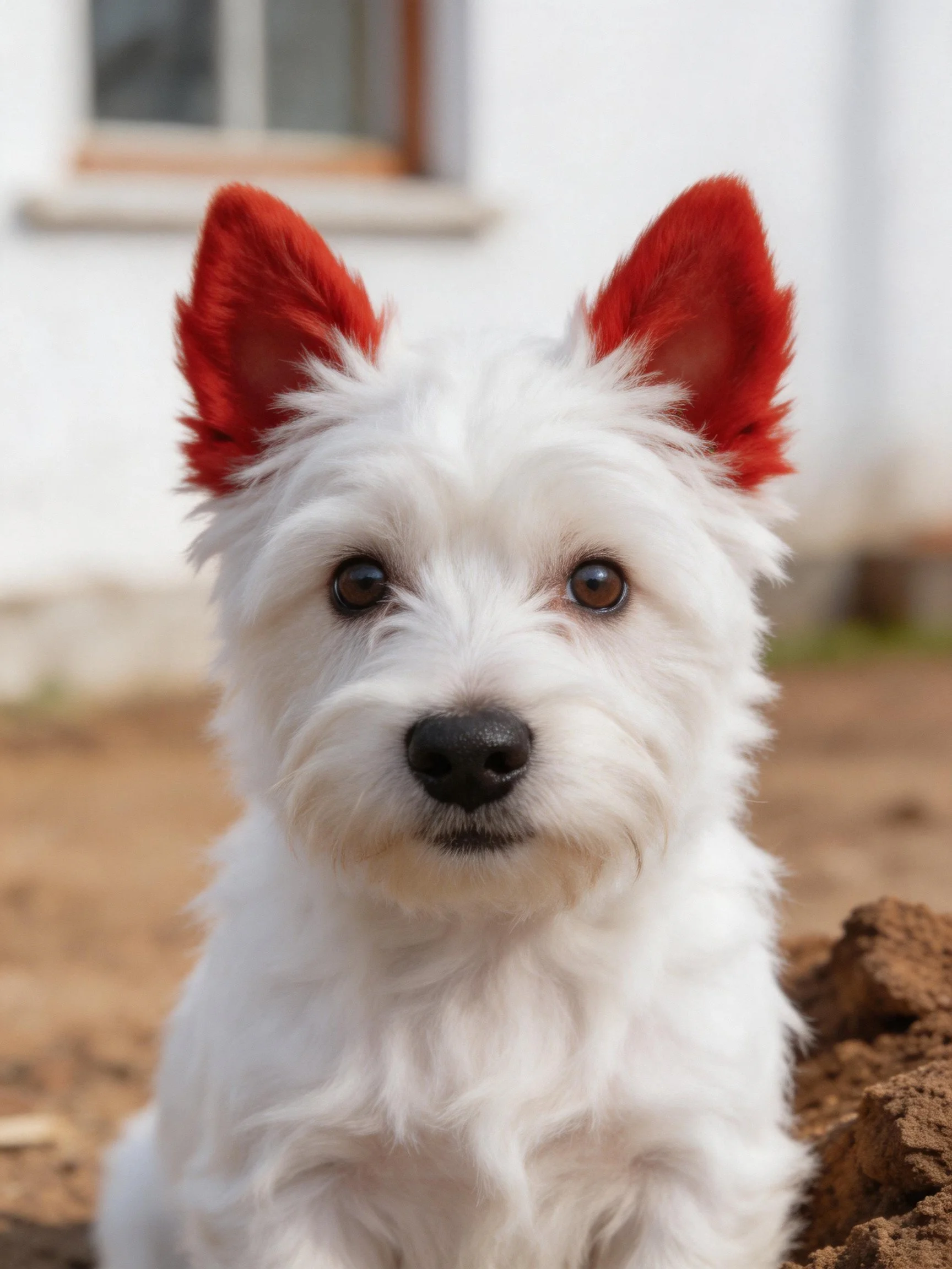 A small white dog with red ears sits near a white building.