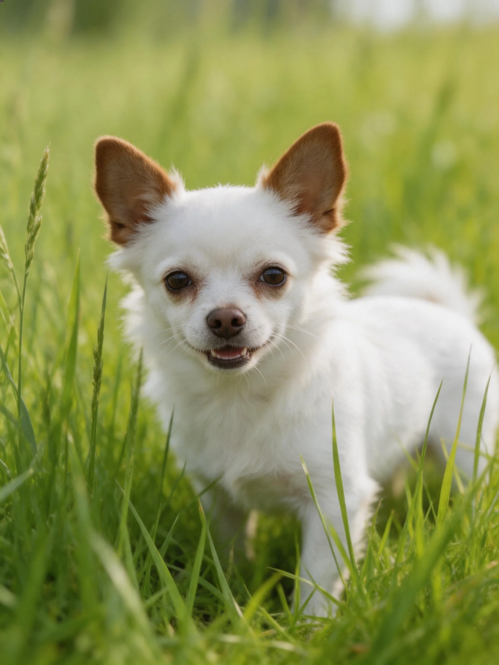 A small white dog with brown ears stands amid tall green grass.