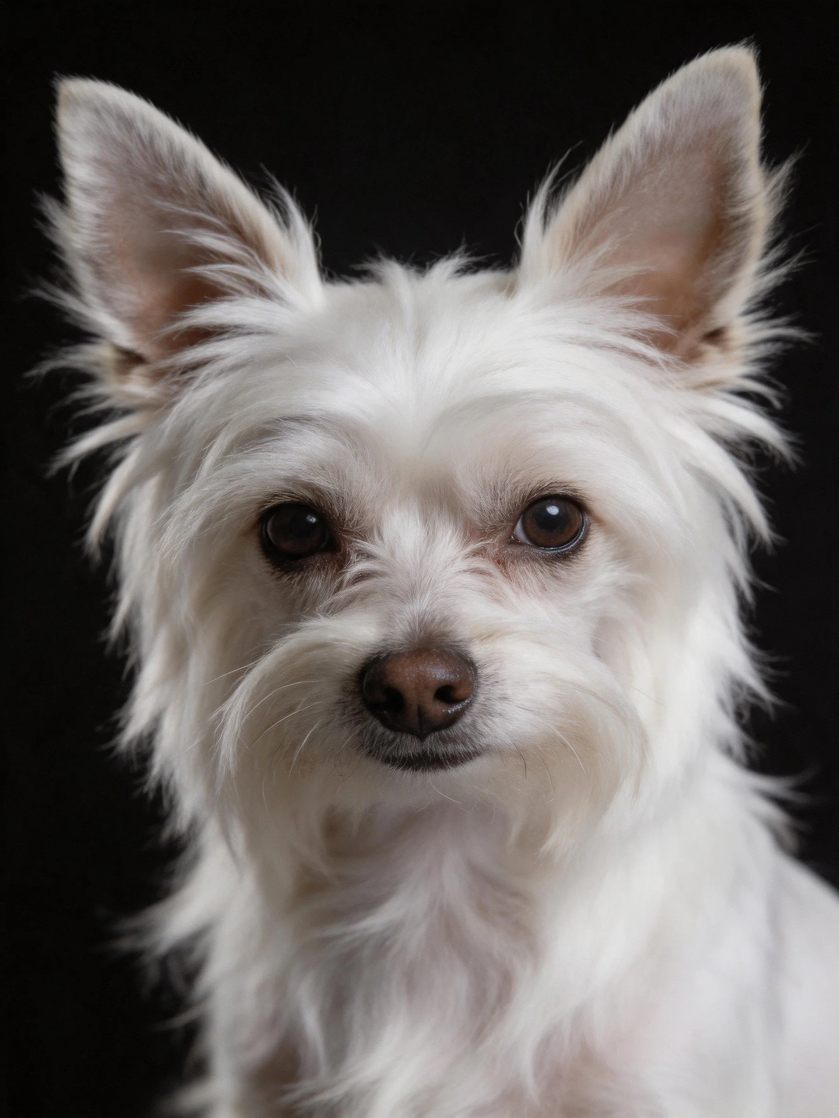 A small white dog with fluffy fur stands against a black backdrop.