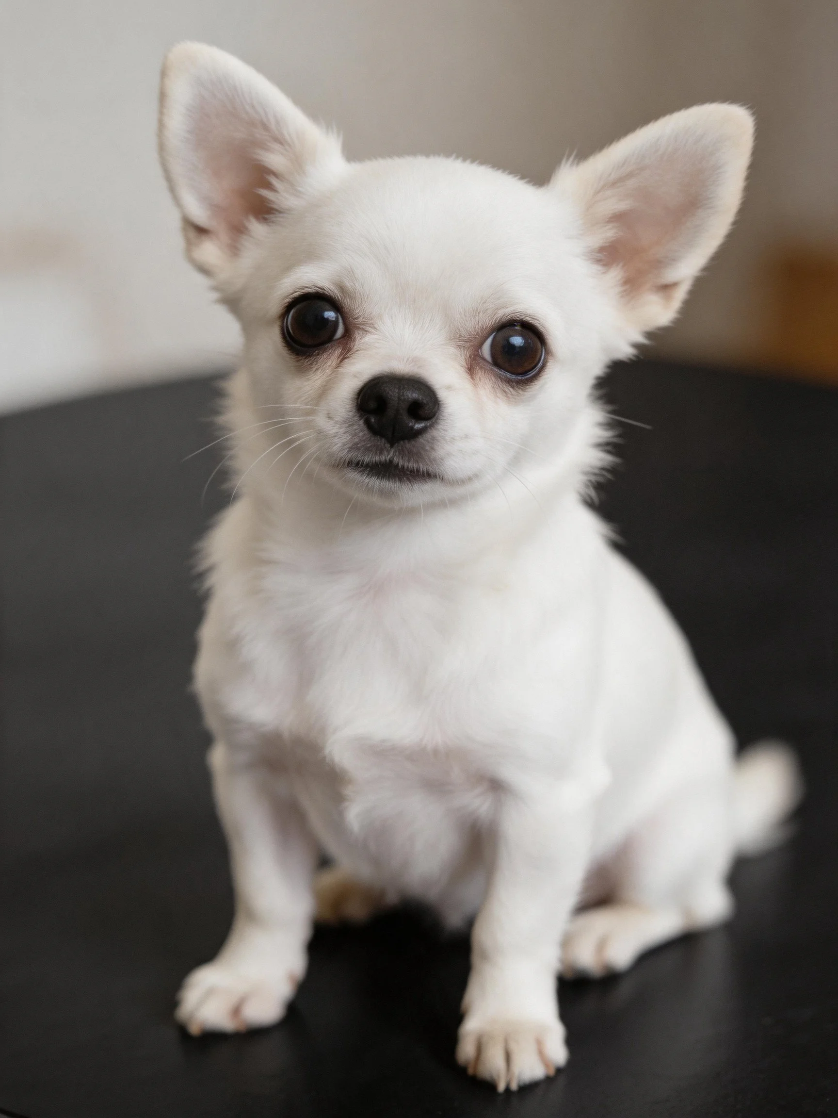 A small white dog with large ears sits on a black surface.