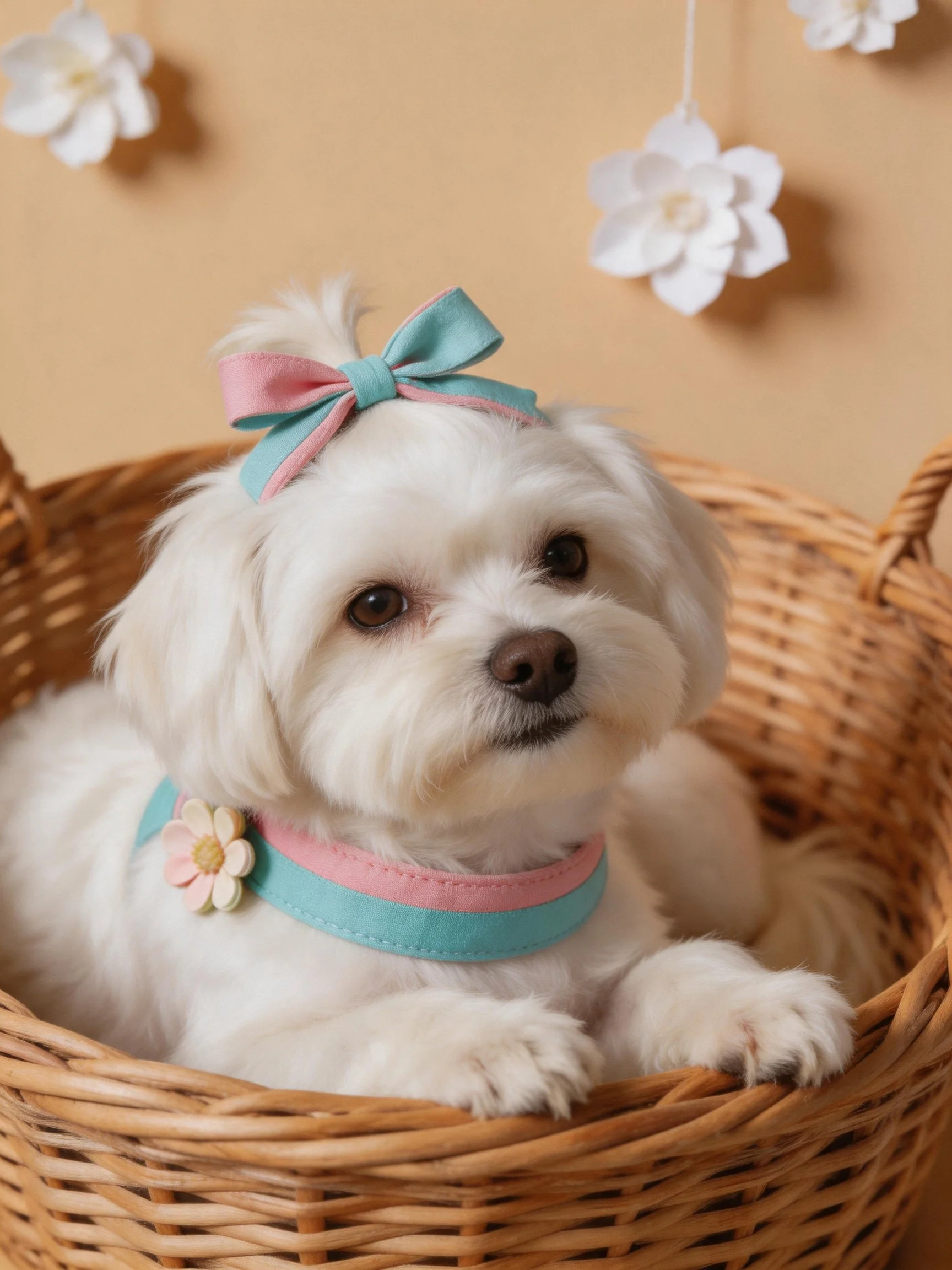 A small white dog with pastel accessories relaxes in a wicker basket.