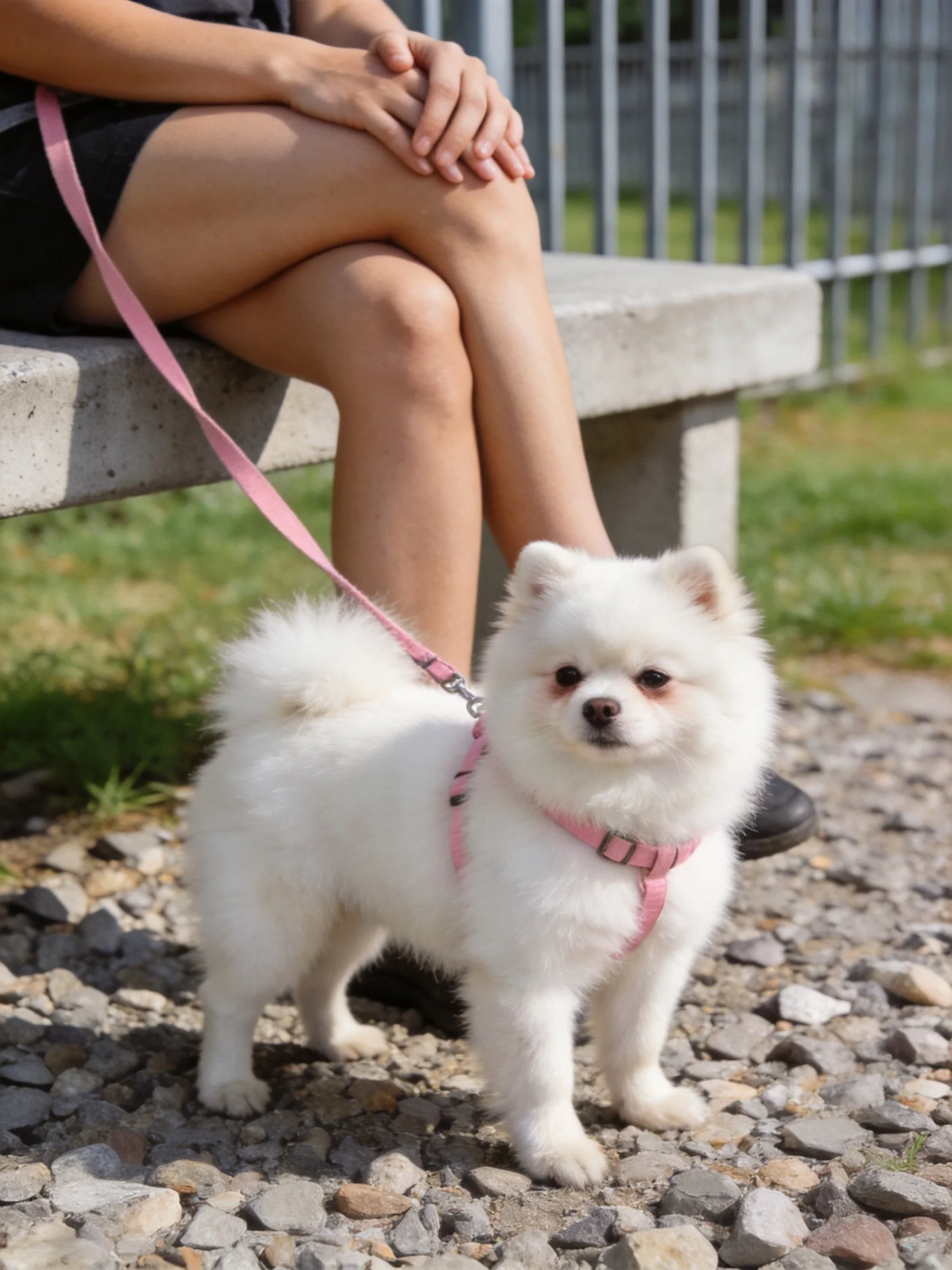A small white dog with pink harness beside a seated person