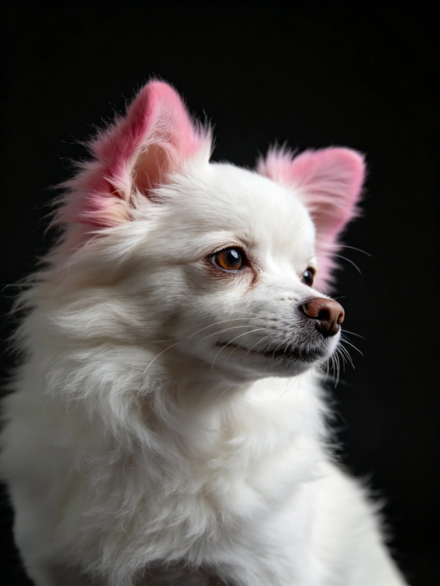 A small white dog with pink ears is shown in profile against a black background.