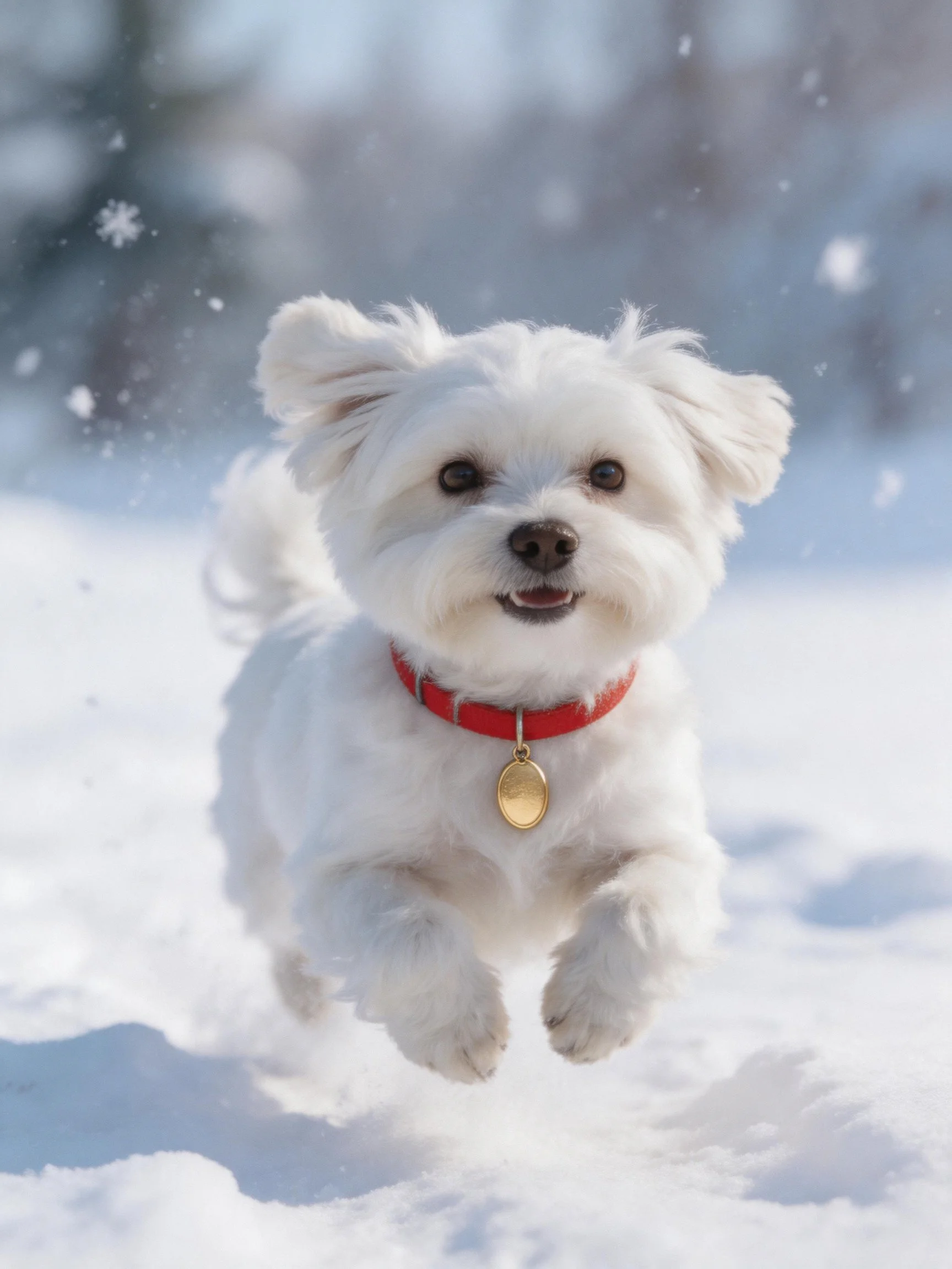 A small white dog with red collar leaps through snow