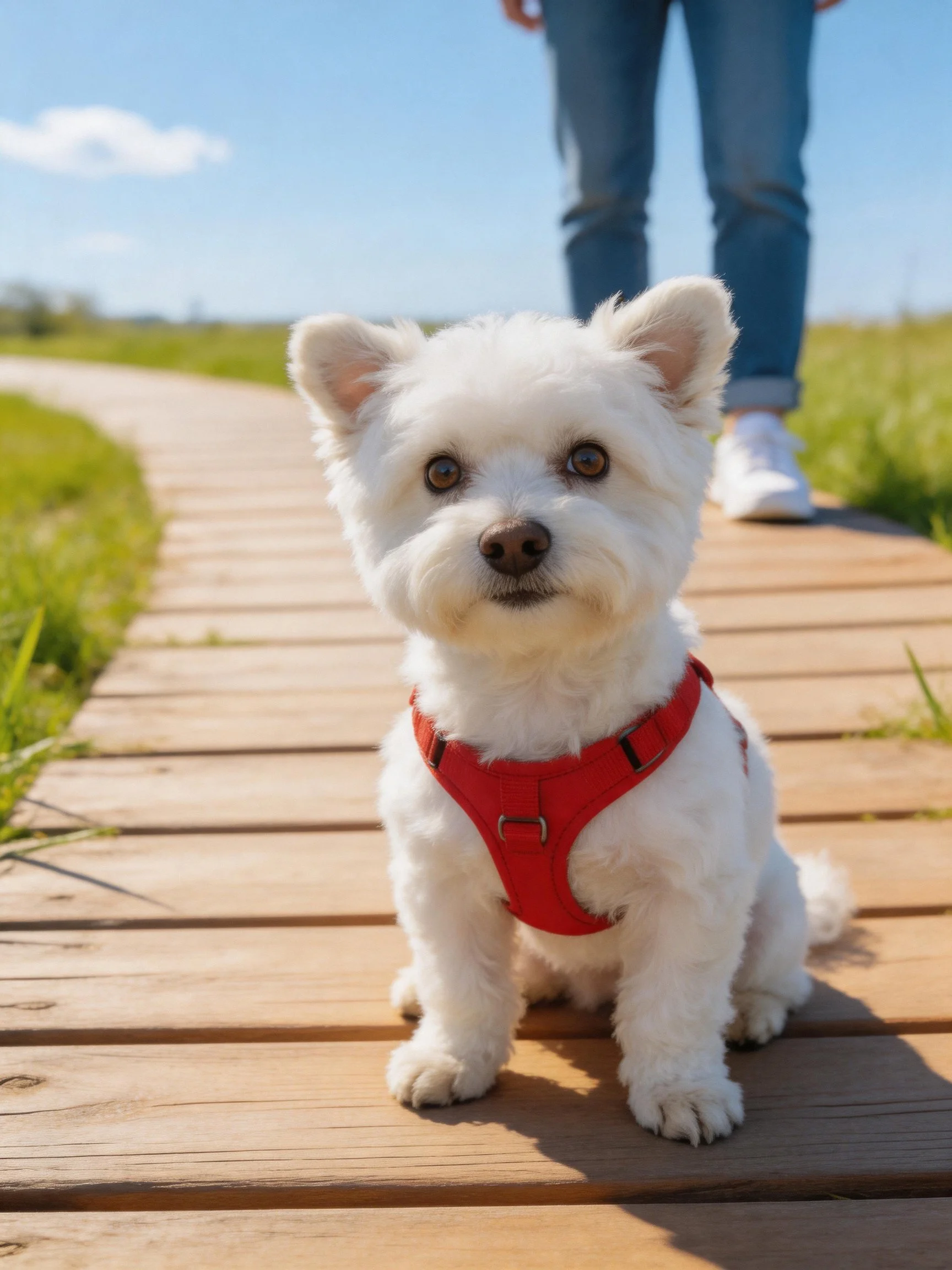A small white dog with a red harness sits on a wooden boardwalk near a person.