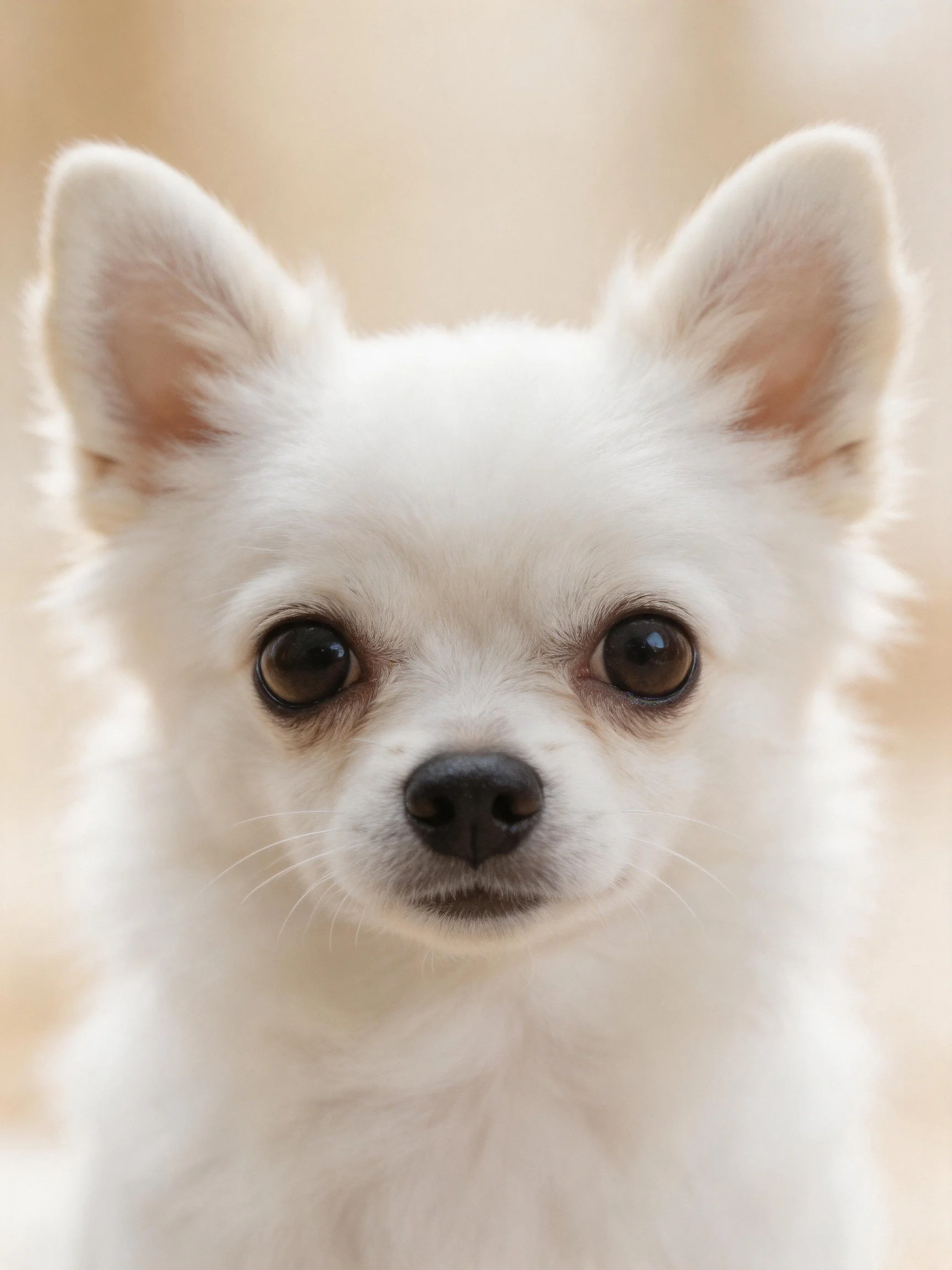 A small white dog looks directly into the camera with soft lighting.