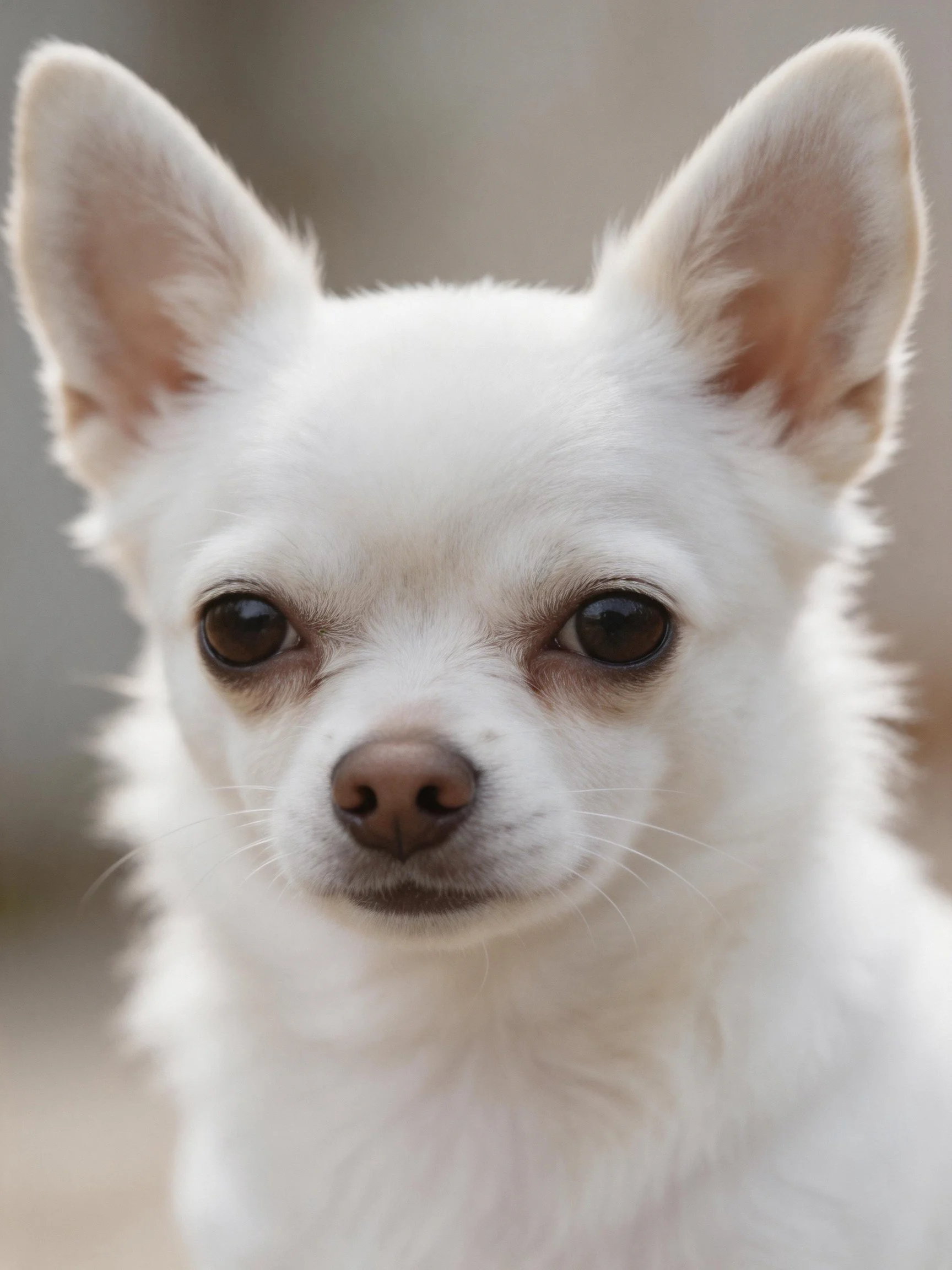 Close-up of a small white dog with upright ears and dark eyes.