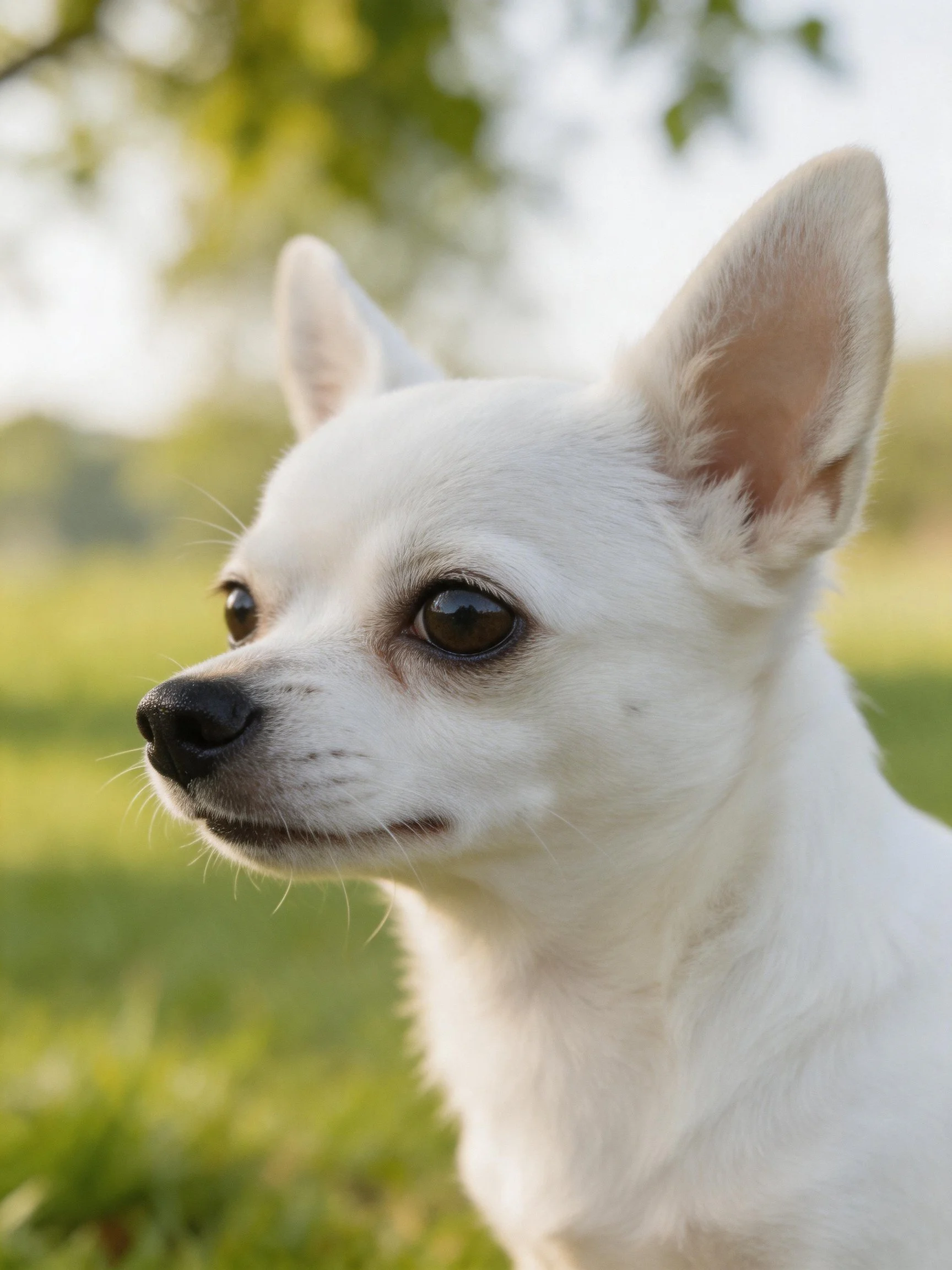 A small white dog stands alertly in a sunlit outdoor setting with greenery.