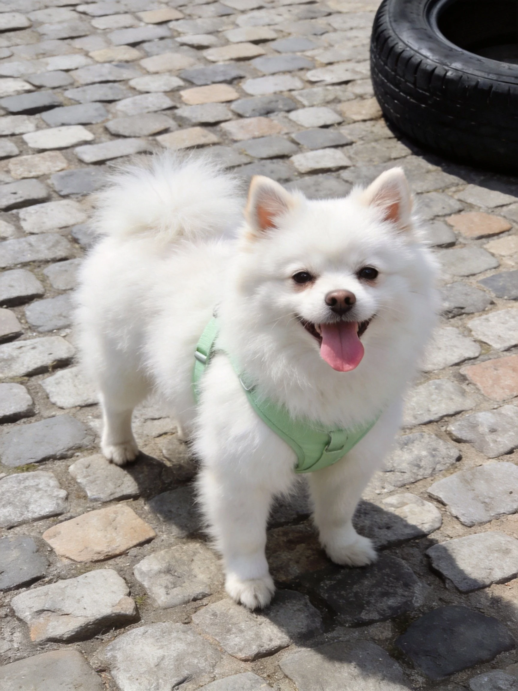 A happy small white dog wears a green harness on cobblestones near a tire.